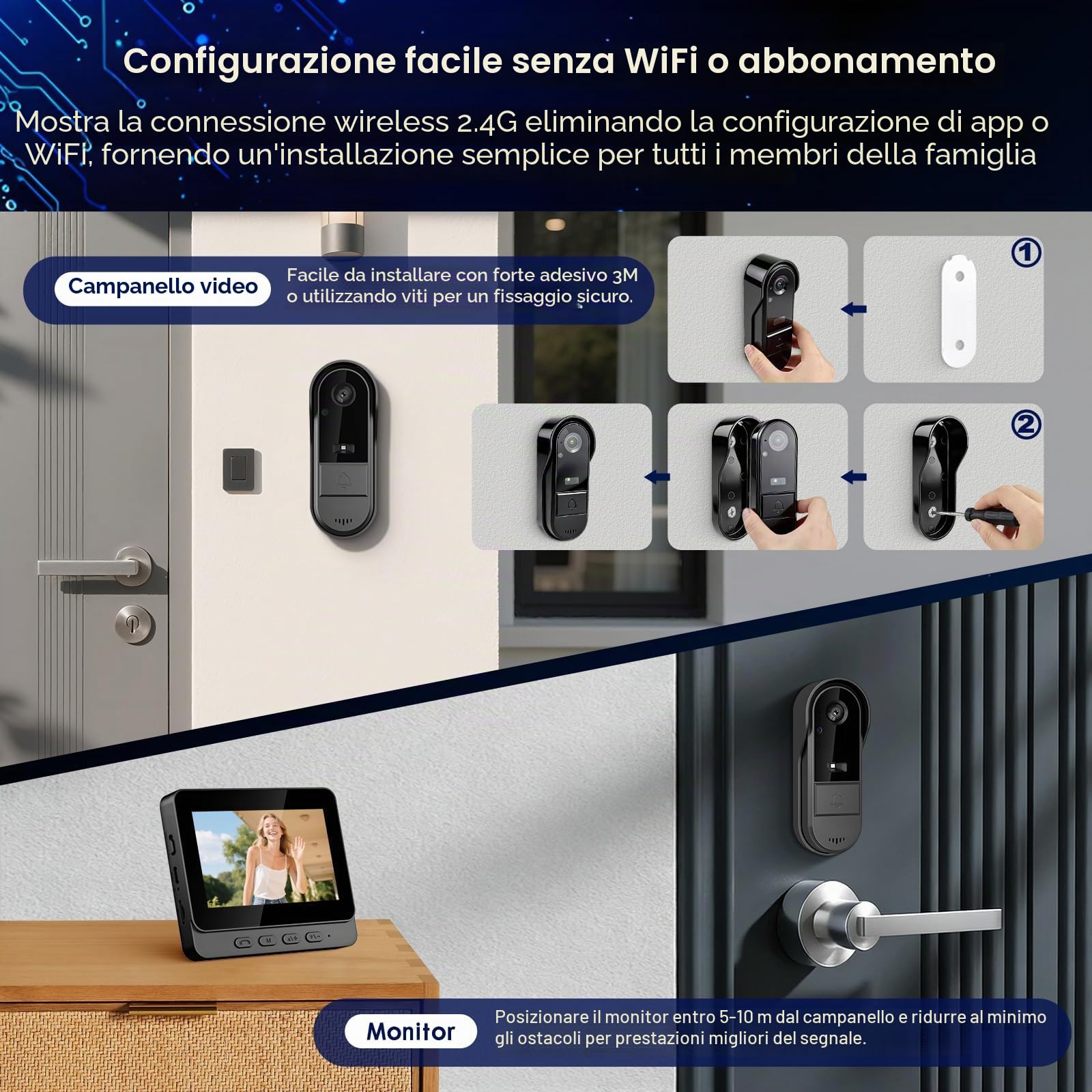 Videocitofono senza fili con videocamera e display IPS da 4,3 pollici, visione HD 1080P, angolo ampio a 170 gradi, visione notturna, audio bidirezionale e resistenza agli agenti atmosferici IP65