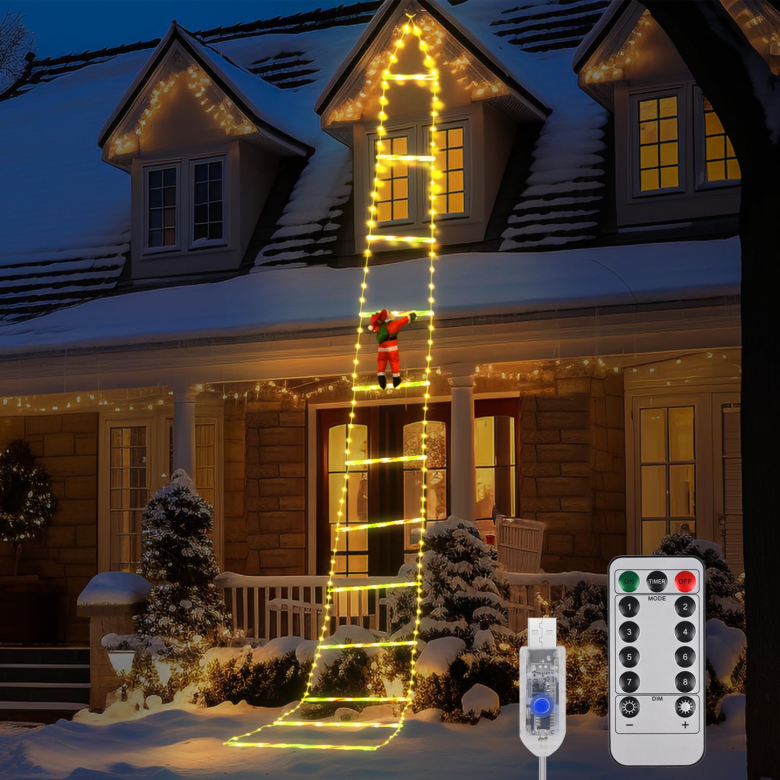 3 M Guirnalda Luces de Navidad Con Papá Noel, Escalera, Temporizador, 8 Modos, Decoración Interior Exterior Para Fiestas, Casa, Balcón, Árbol (Caliente)