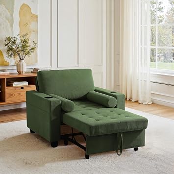 39" Convertible Sleeper Chair, Comfy Corduroy Single Sofa Chair with Pull-Out Bed, Sleeper Sofa Bed with 3-Levels Adjustable Backrest, Side Pocket, Cup Holder, USB Ports, for Living Room, Green