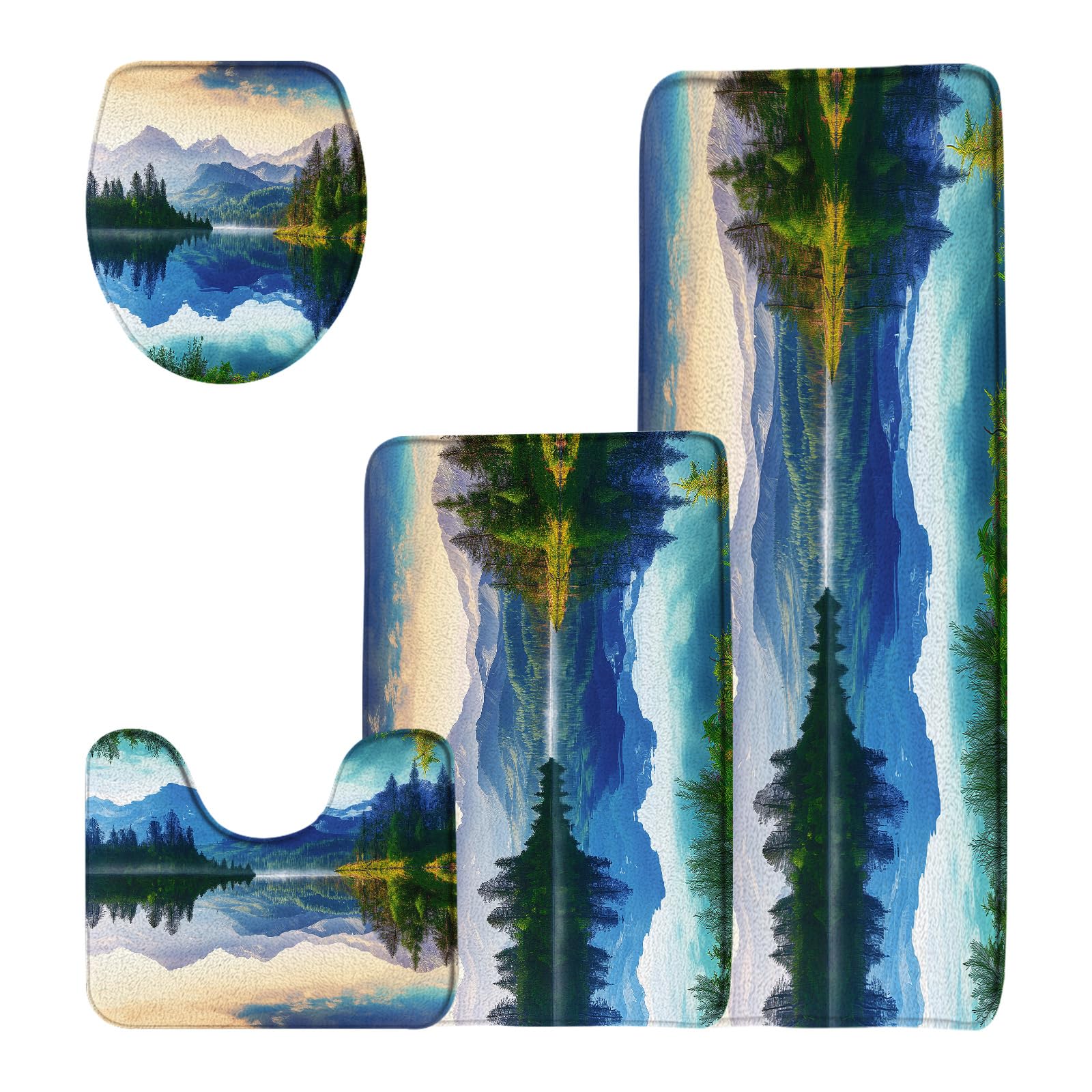Sunhe 4 Piece Mountain Scenic Bath Mat Sets Nature Mountain Forest Lake Natural Scenery Landscape 16x24+16x48 Inches Bathroom Rugs,Toilet Seat Cover,