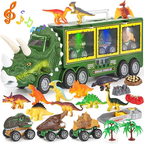 DINORUN Dinosaure Jouet Camion de Transporteur Jouet avec Lumière et Son, Mini Figurine Dinosaure et Voiture Dinosaure pour Enfant 3 4 5 Ans