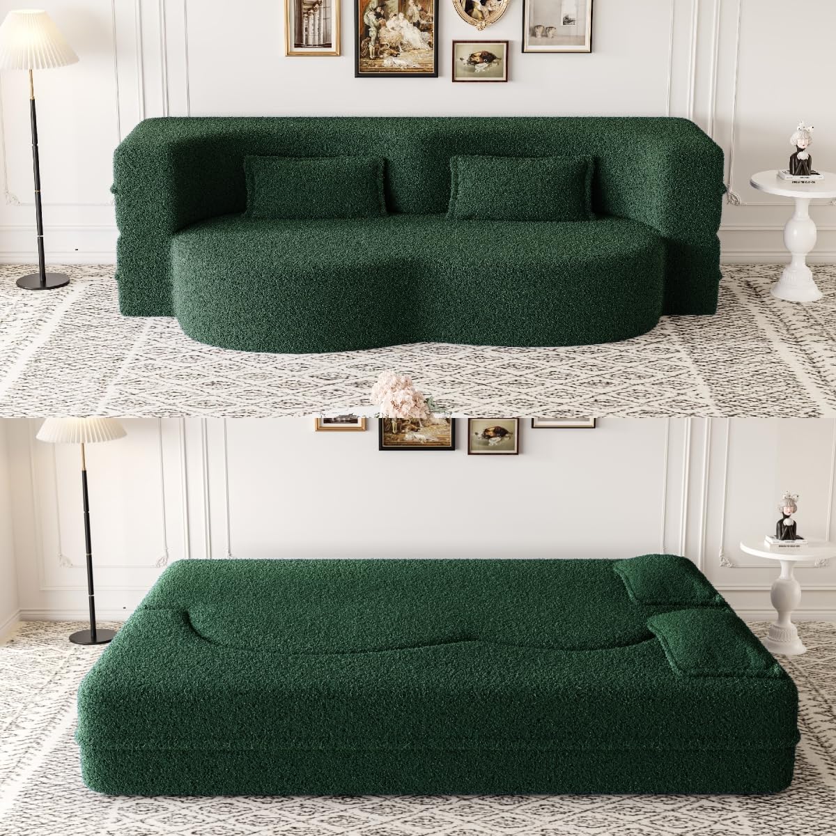 Folding Sofa Bed,15" Full Size Folding Mattress for Living Room,Convertible Teddy Fabric Foam-Filled Loveseat Sleeper Sofa Bed (Green)