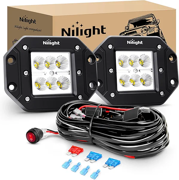 Nilight 2PCS 18W Flood Flush Mount LED Work Light Fog Lights Off Road Lights Driving Lights with Off Road Wiring Harness