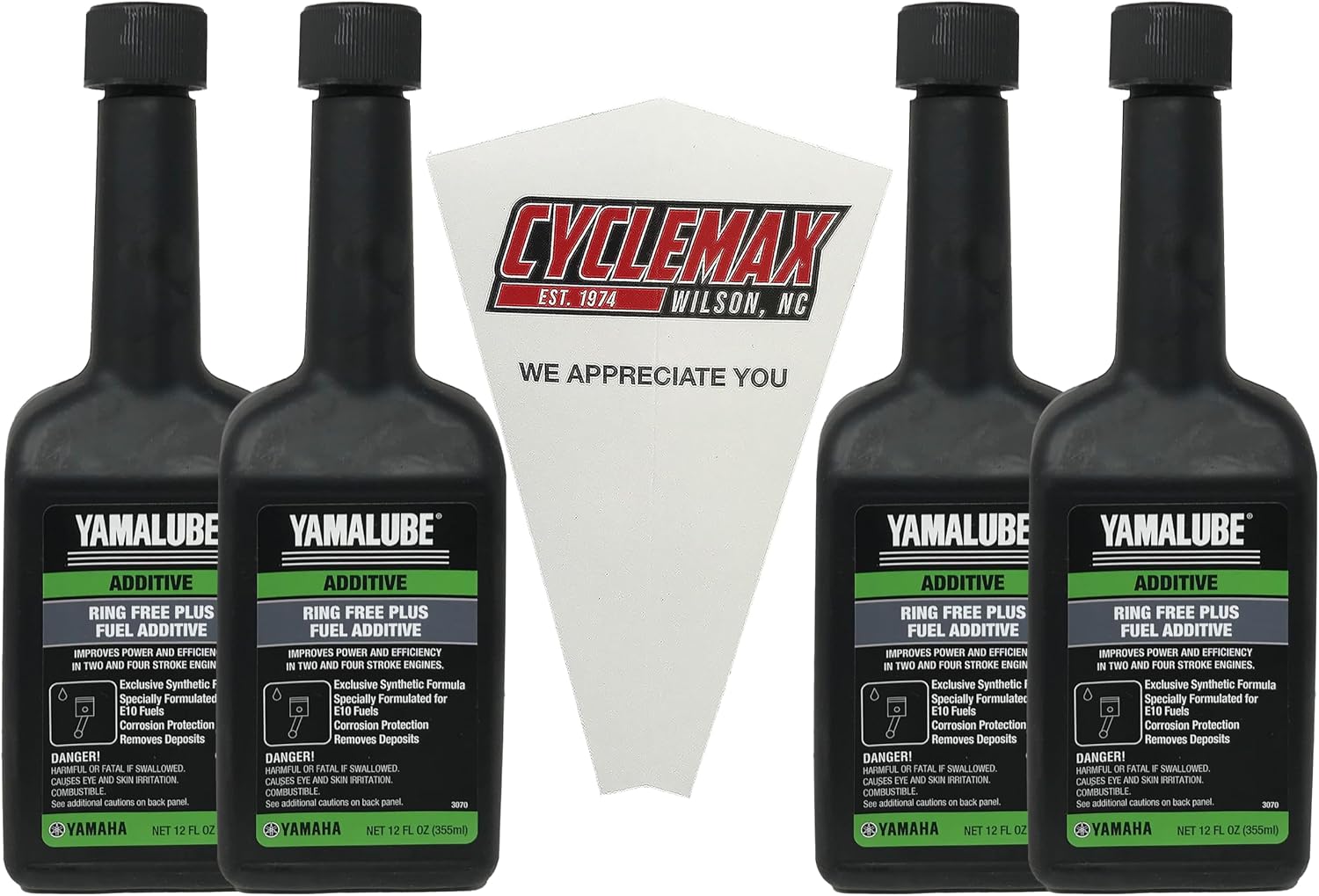 CYCLEMAX Four Pack Compatible with Yamaha Ring Free Plus Fuel Additive ACC-RNGFR-PL-12 Contains Four 12oz Bottles and a Funnel