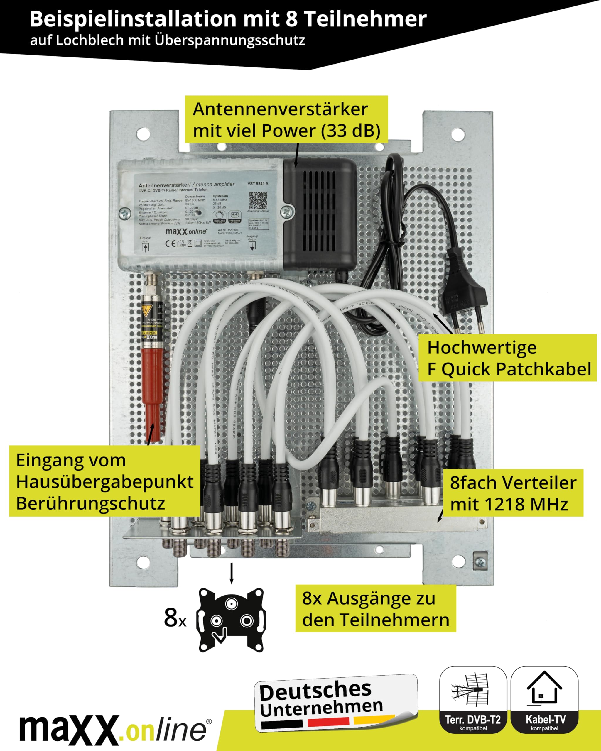 Juego de 8 participantes con amplificador de antena para televisión por cable, refuerzo de 33 dB y canal de retorno, distribuidor de cables, protección contra sobretensiones, cable de