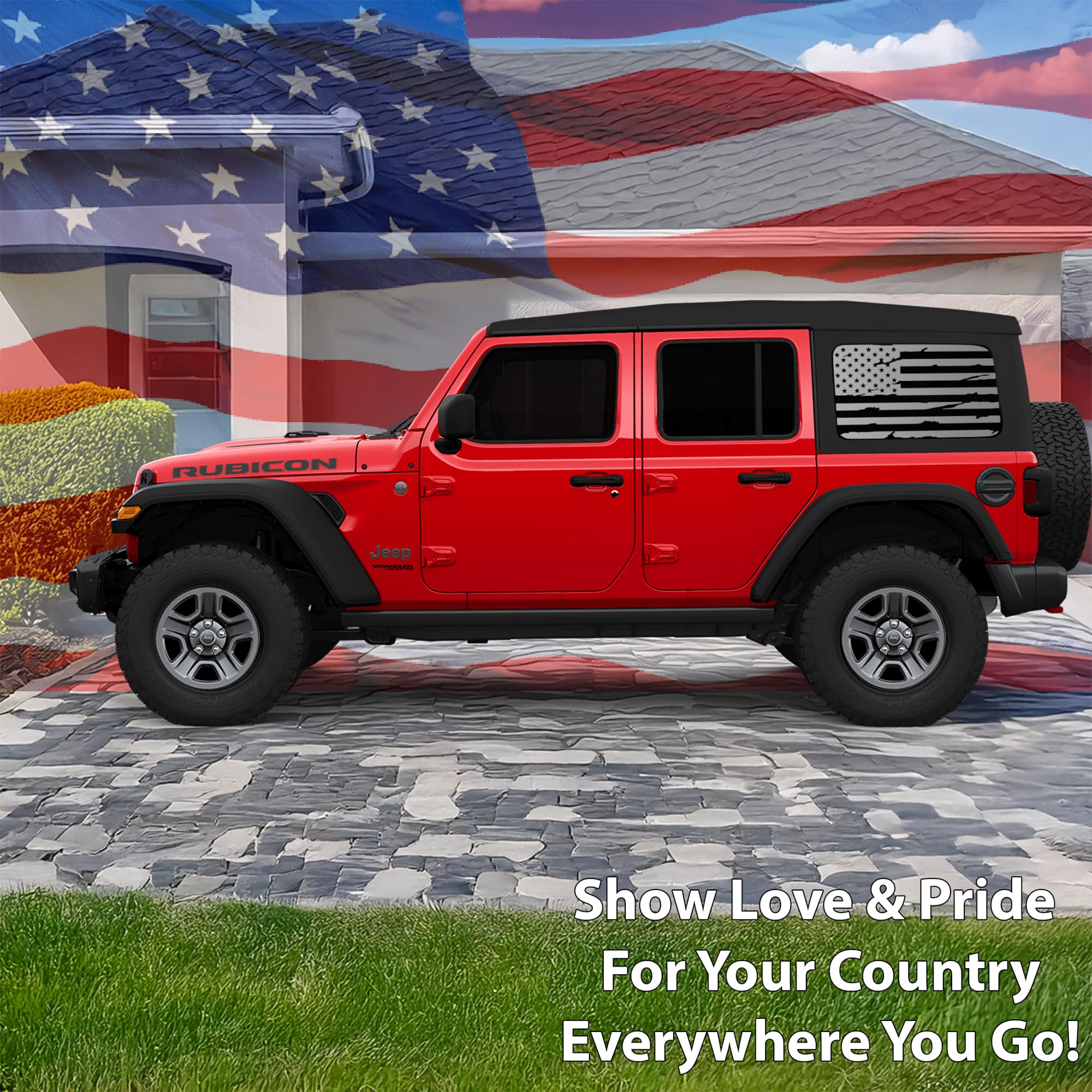 Bogar Tech Designs - Precut American Flag Vinyl Rear Side Window Decals Compatible with The 4 Door Jeep Wrangler JLU 2018-2025, Distressed Matte Black
