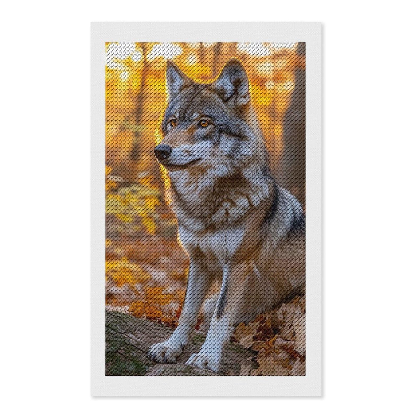 Junmoney Wolf in Autumn Forest Diamond Painting Set 12"x20", Stress Relief Craft, Easy to Enjoy, Vintage Style Decor, Festive Craft Gift