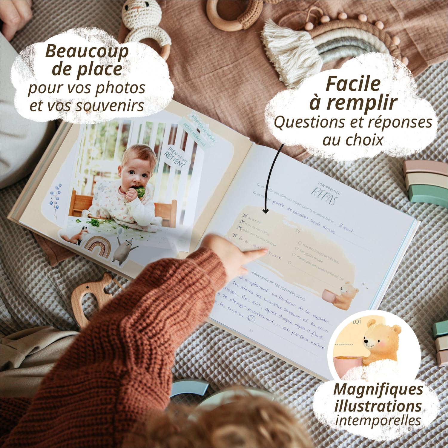 Livre de naissance I Ma première année + set d’autocollants I Album photo bébé PREMIUM avec lettrage or I 176 pages I Cadeau de naissance pour fille et garçon I Cadeau spécial bébé (Lin)