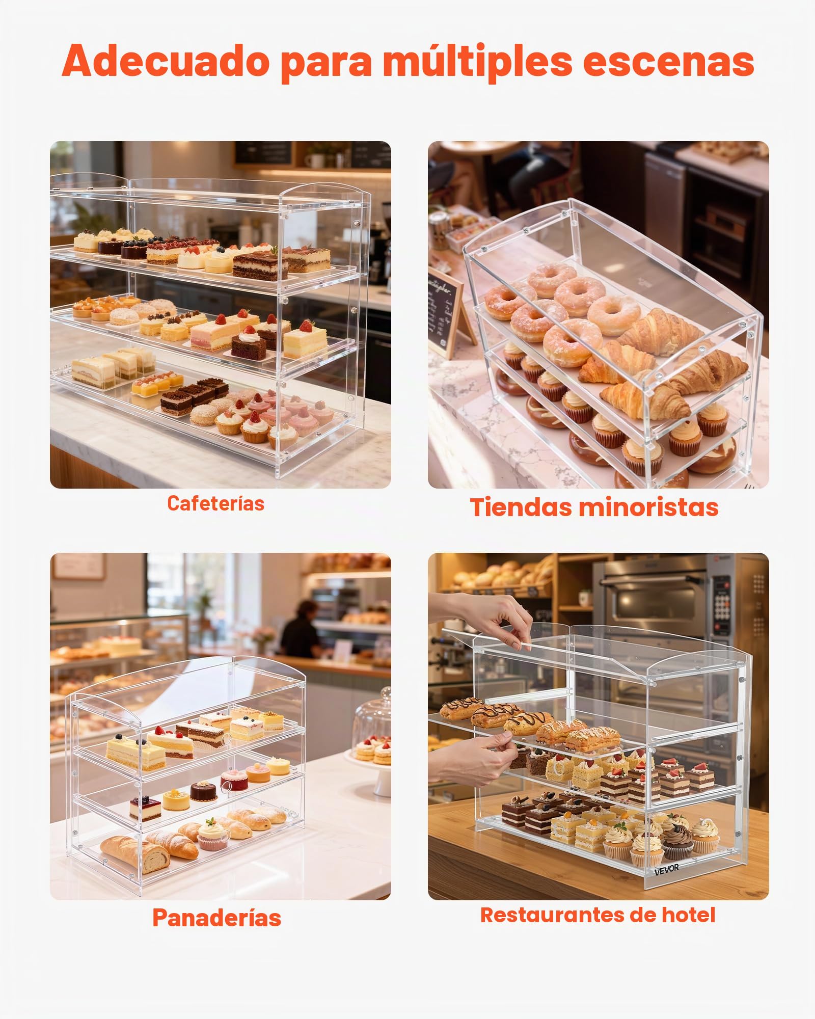VEVOR Vitrina de Exhibición de Panadería 3 Niveles, Vitrina de Acrílica Transparente para Panadería 48,2 x 23,2 x 38 cm, con Puerta Abatible, Escaparate para Repostería, para Galletas, Postres, Donas