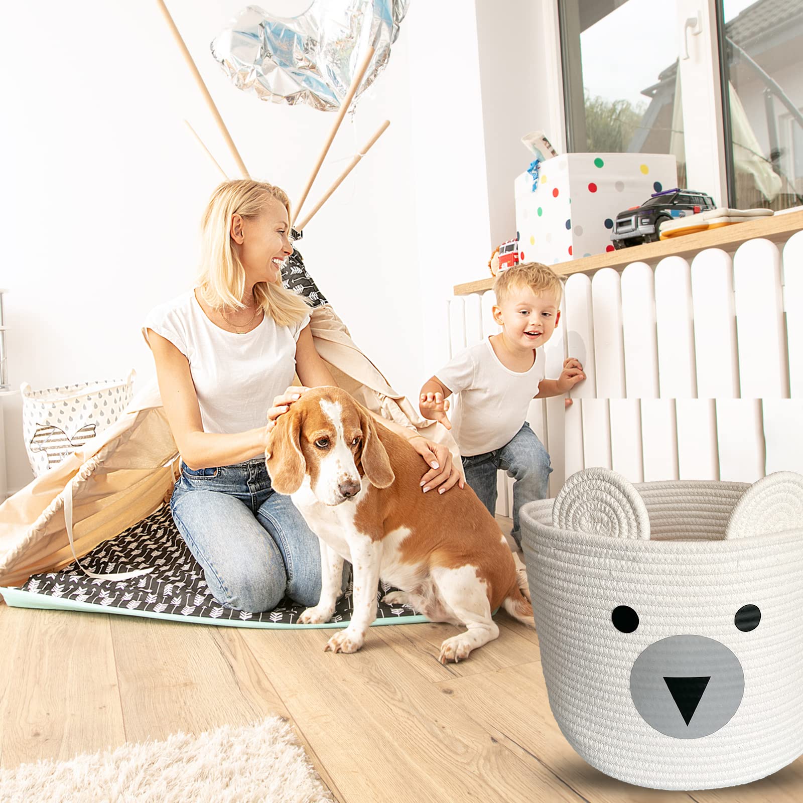 Bigepige Opbergmand voor kinderen, babyspeelgoed, katoenen touw, opbergmand, gevlochten, wasmand, klein, opvouwbaar, kinderkamer, decoratiemand wit, beige, beer (28 x 28 x 24 cm