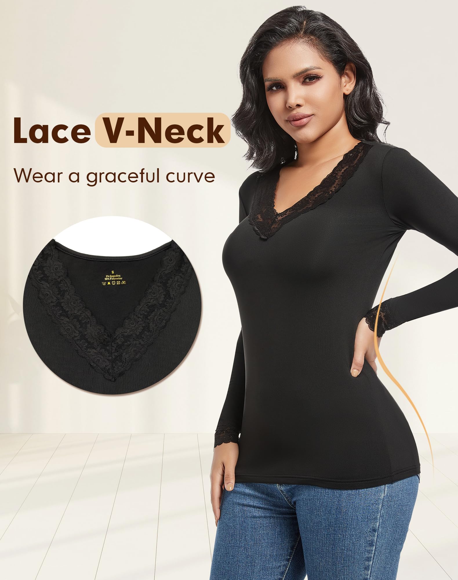 MANCYFIT Ropa interior térmica para mujer, camiseta interior de manga larga con cuello en V y forro polar para clima frío