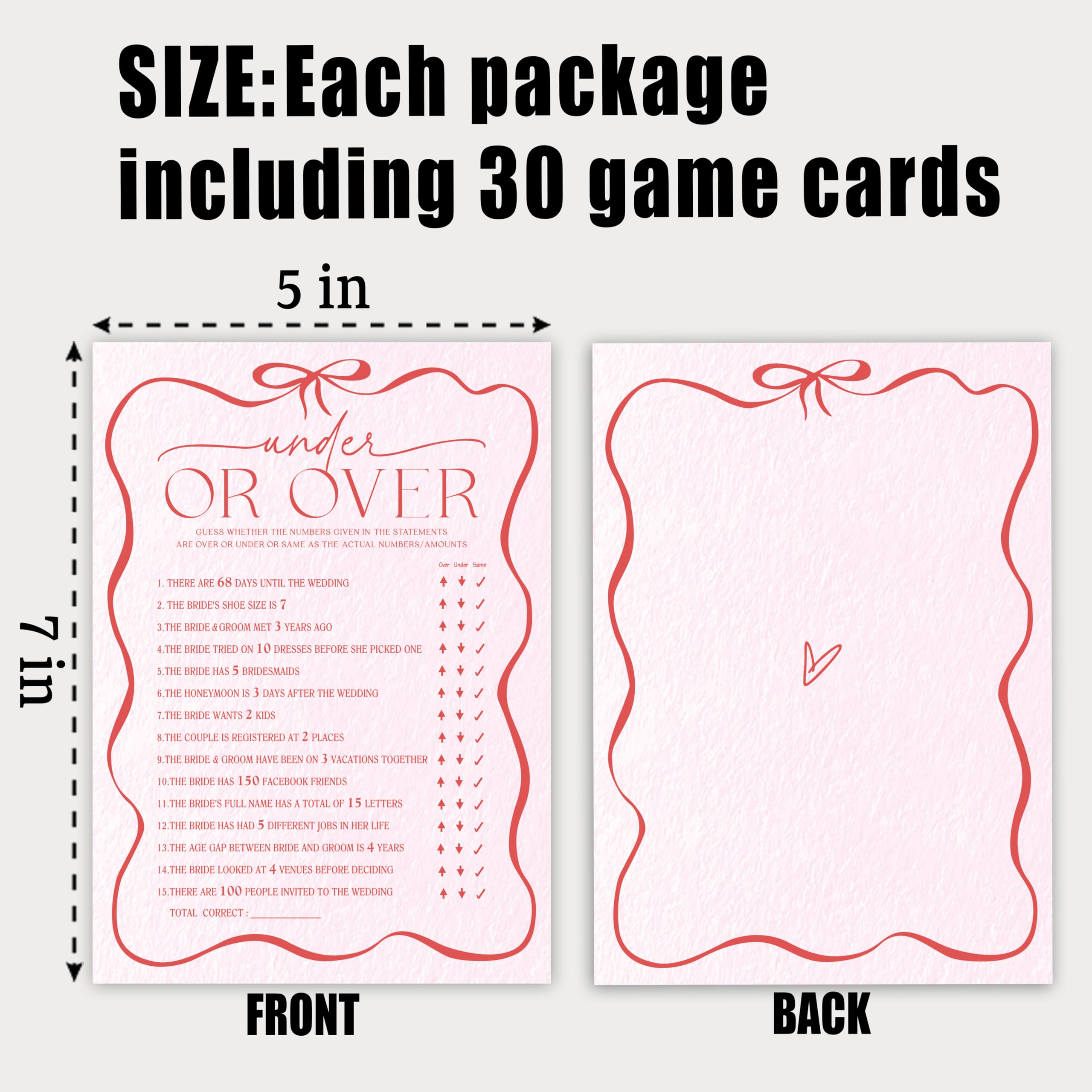 Tarjetas de juego de despedida de soltera con lazo rosa de 5 x 7 pulgadas, debajo o más, 30 tarjetas de juego de boda de doble cara, compromiso y fiesta de boda, actividades y decoración, A04