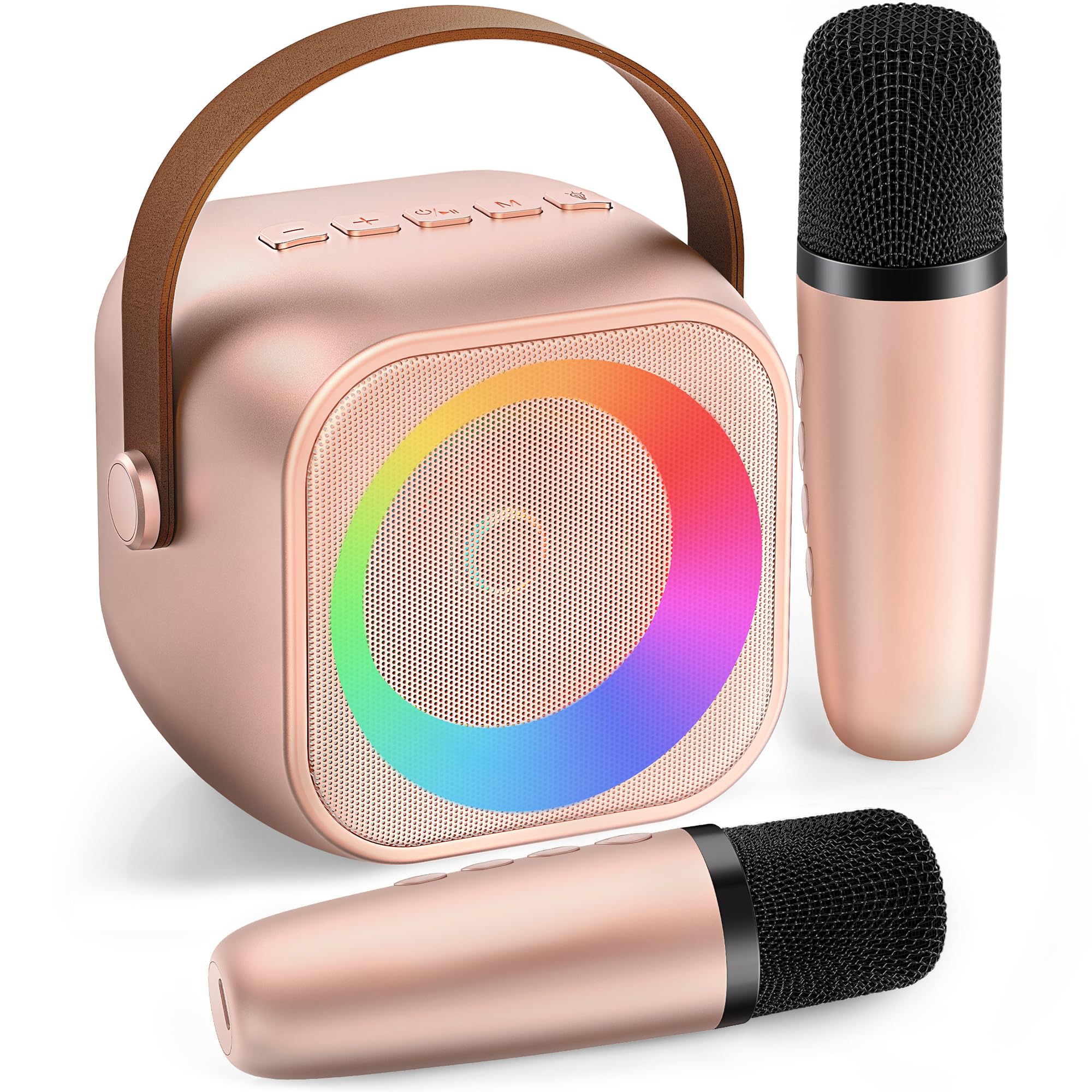 Mini Karaoke Machine, Portable Bluetooth Karaoke Speaker with 2 Wireless Microphones and Party Lights for Kids and Adults, Birthday Gifts for Girls Boys Family Home Party (Rose Gold)