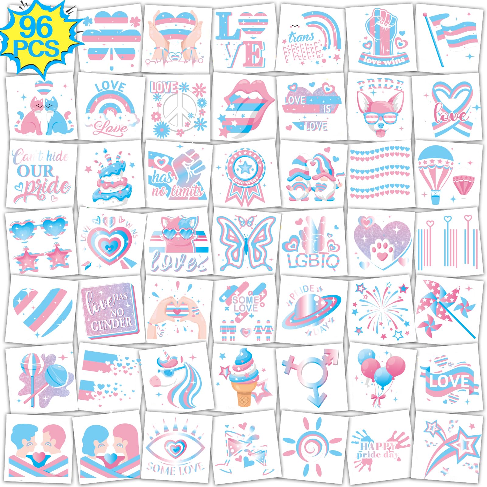 Qpout96Pcs Transgender Flag Temporary Tattoos Trans Pride Themed Tattoo Stickers with Blue Pink White Pattern for Pride Party Favors LGBTQ Pride Day Equality Parades and Celebrations