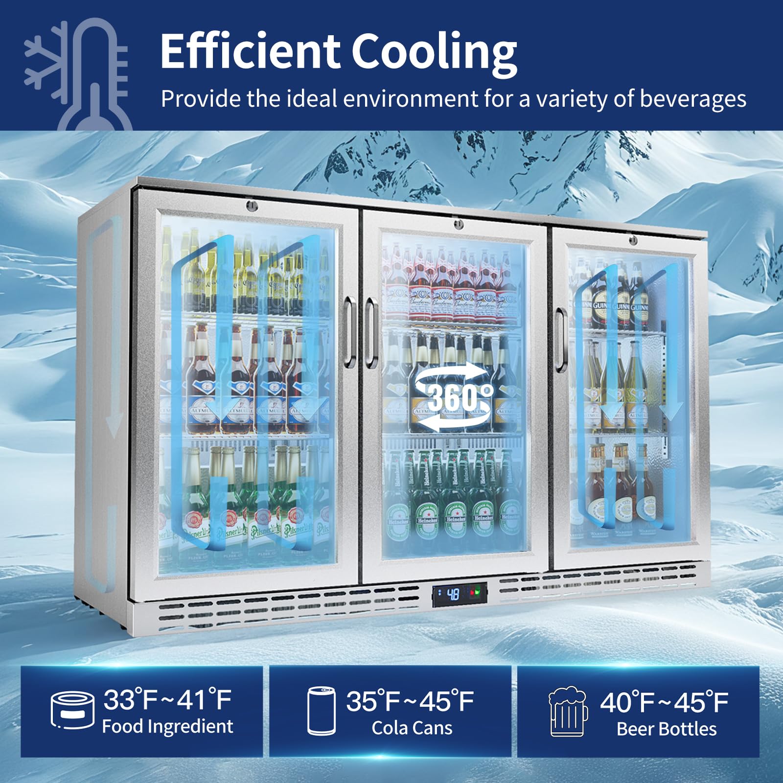 53 Inch 11.7 Cu.Ft Back Bar Cooler Commercial Counter Height Beverage Refrigerator With 3 Glass Doors & LED Lighting, Stainless Steel Beer Fridge For Home Bar Restaurant, Sliver, 115v, Etl Approved on Fridge.com - View 5