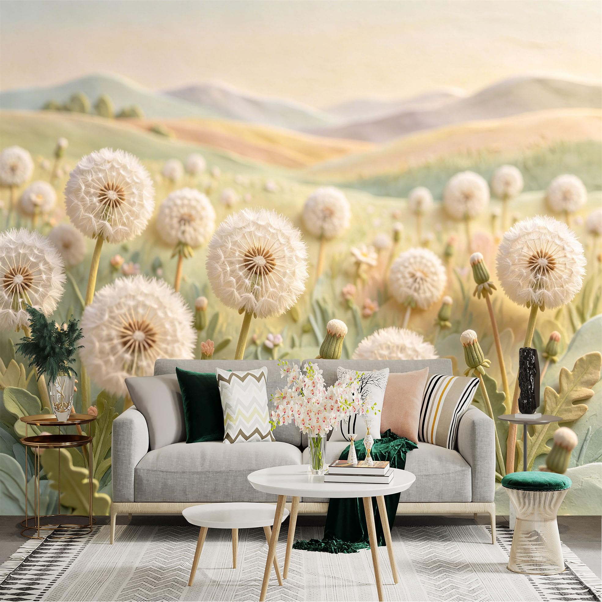 Lnzczhyre Dbh260521683 Custom Size Wall Sticker Mural， Soft Pastel Dandelion Meadow， Dreamy Spring Floral Landscape， Gentle Nature Hills， For Wall Decoration， Peelandstick Wall Decals.