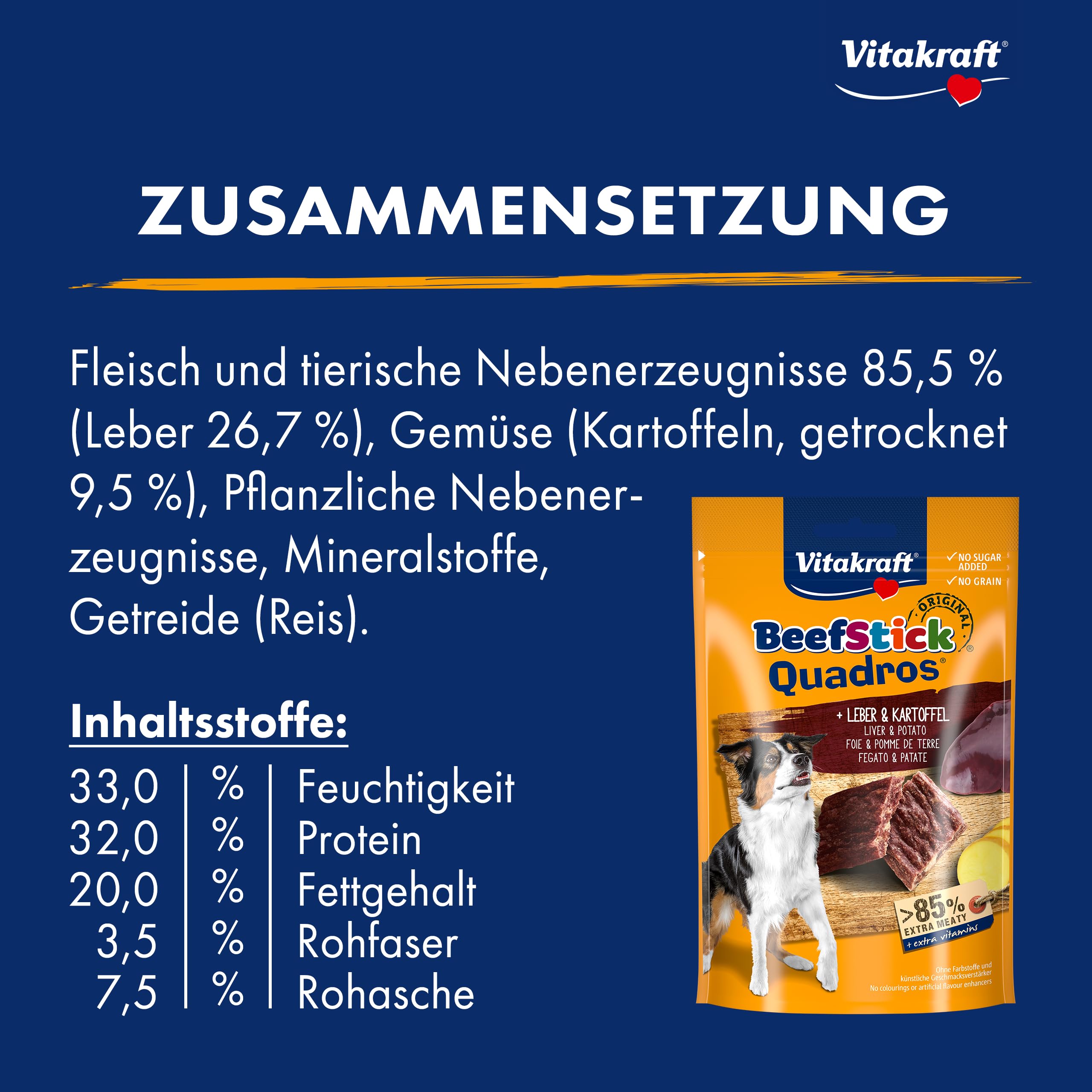 Vitakraft Beef Stick Quadros, snack cane, barrette di carne quadrate con patate e fegato, snack per l’addestramento del cane, senza zuccheri aggiunti (1x 70g)