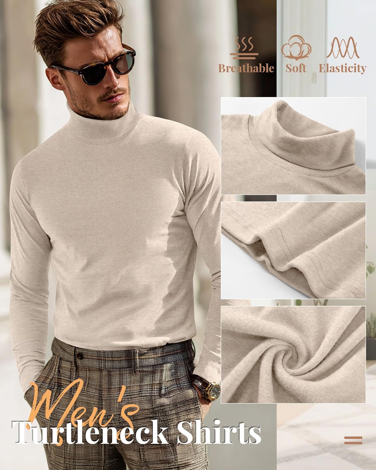 Ficerd 3 Pack Men's Turtleneck Shirts, Long Sleeve Cotton Pullover Sweaters Mock Neck Knitted T-Shirt Basic Slim Fit Tops - Image 4