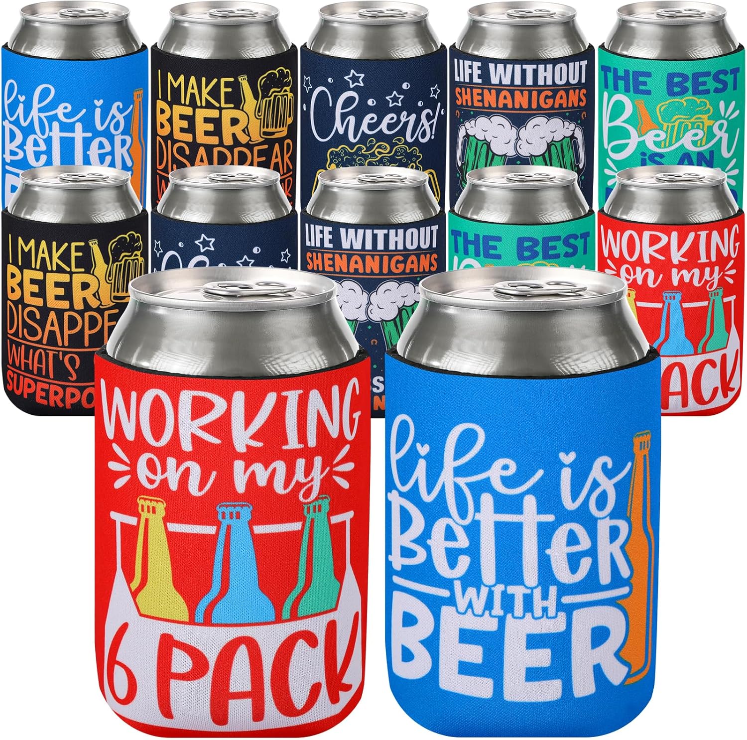 Funny Beer Can Cooler Sleeve - 12 Pcs Funny Quotes Soft Insulated Neoprene Bulk Can Sleeves for 12 OZ Soda, Beer, Water Bottles Party Favors Gifts Travel Camping Supplies (Multicolor)