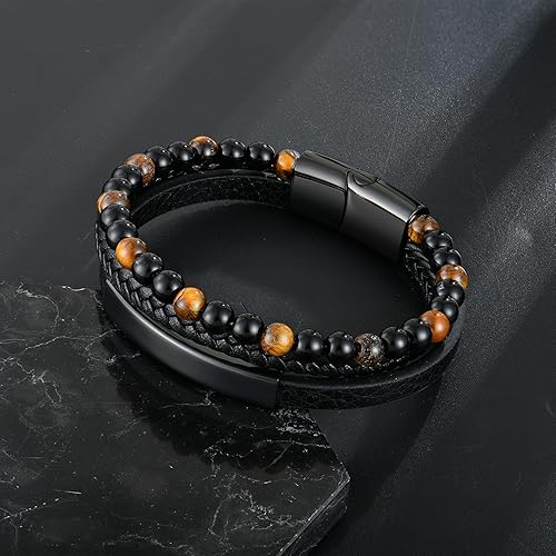 Miniatura 5 de Raymard Pulsera de cuentas de piedra volcánica de piedra volcánica de ónix negro y ojo de tigre mate para hombre, pulsera de cuero trenzado negro