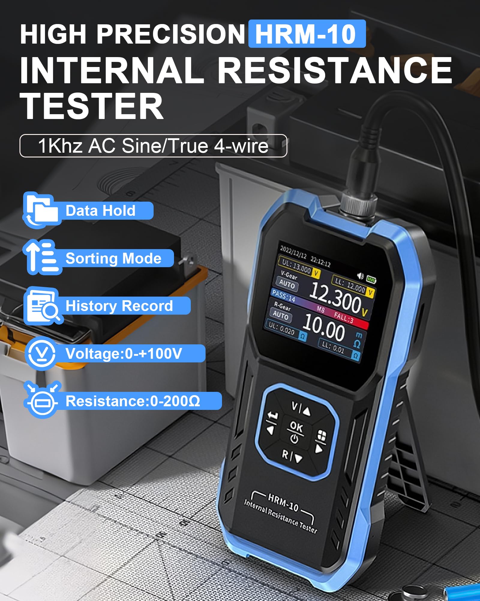 HRM-10 Batteria ad alta precisione Tester di resistenza interna 1-100V 20mΩ-200Ω 1KHz AC Data Storage Design portatile per auto, elettronica e fai da te GOLDCHAMP