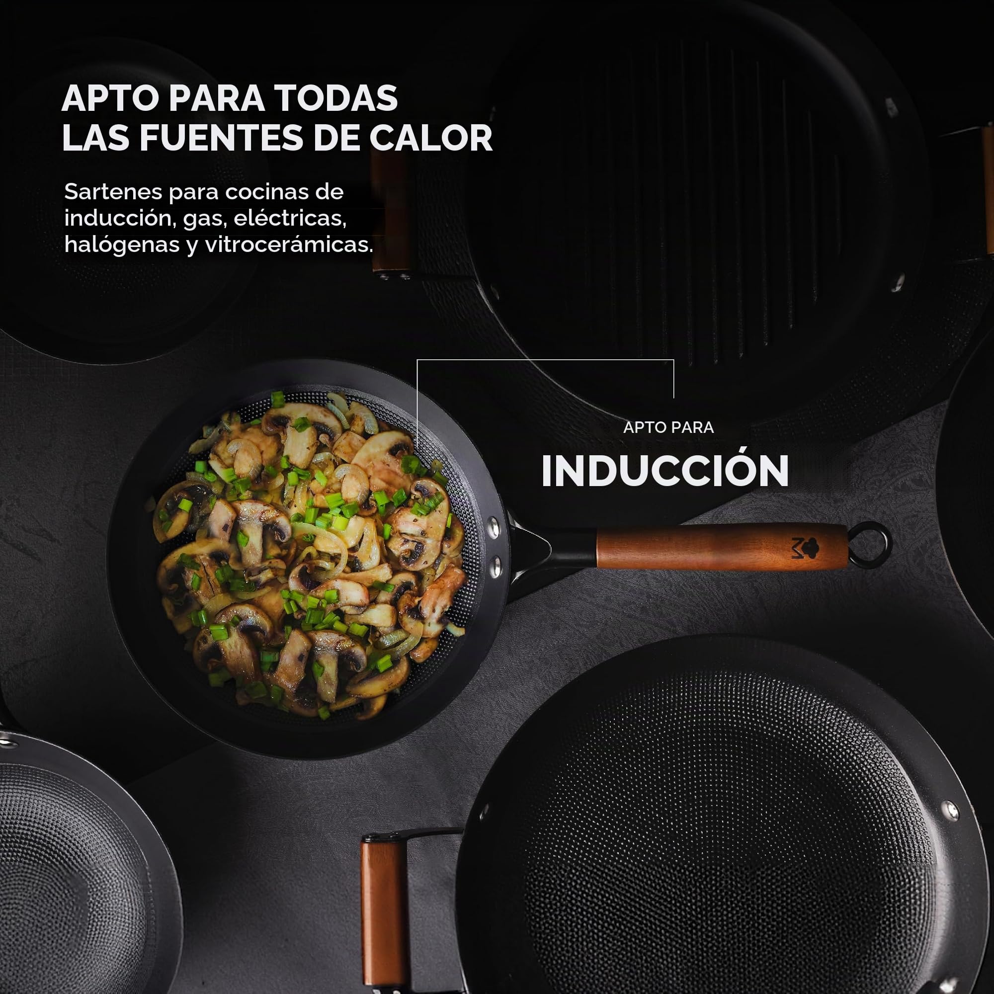 MasterPro Odín - Juego de Tres Sartenes de 20, 24 y 28 cm de Hierro Prensado con Antiadherente Cerámico Reforzado con Patrón de Panel de Abeja, Mango Ergonomico, Apto para Inducción, Libre de Tóxicos