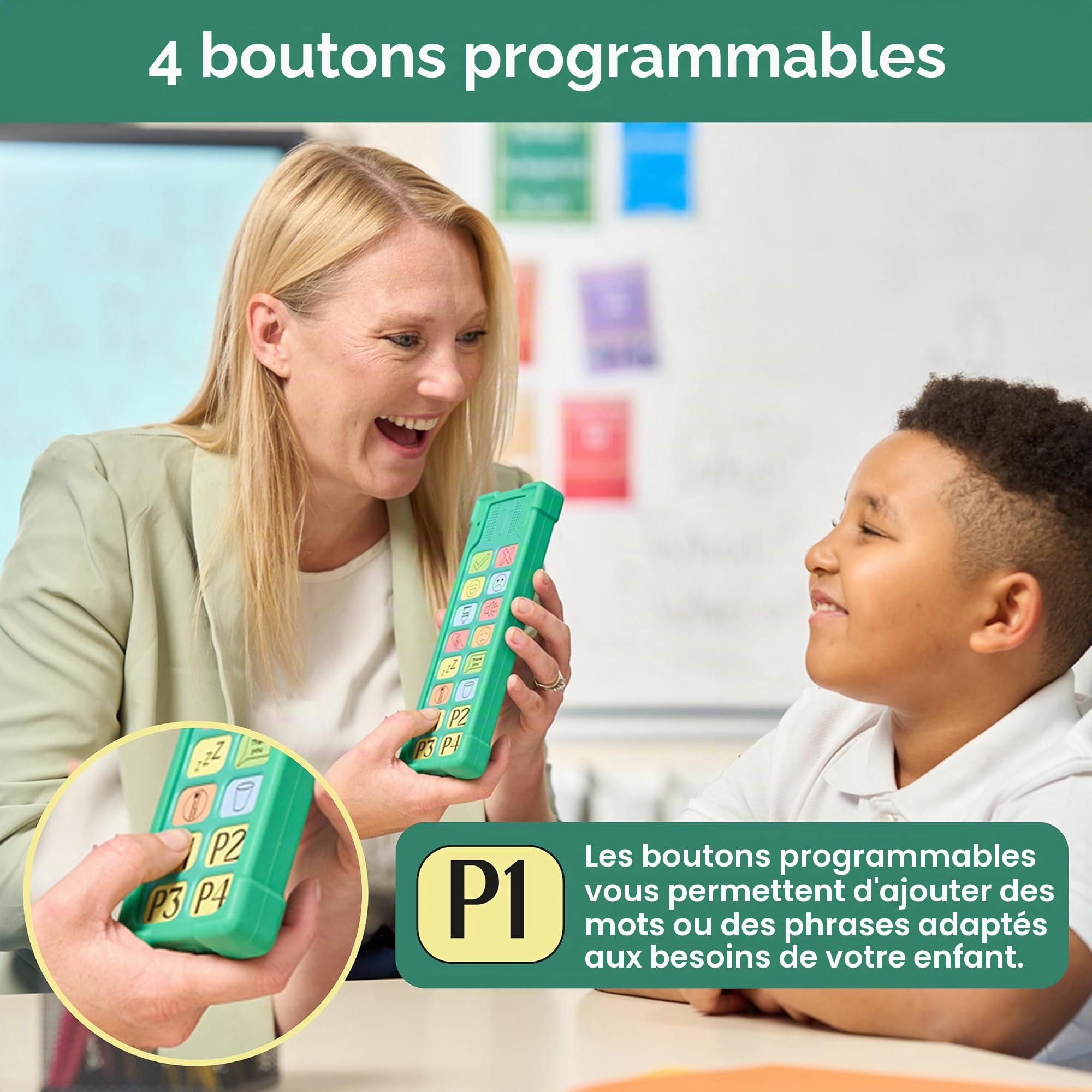 Appareil AAC pour l'autisme – Appareil de communication AAC pour enfants et adultes non verbaux – 4 boutons programmables et 12 boutons emblématiques prédéfinis avec volume réglable – Utilisé
