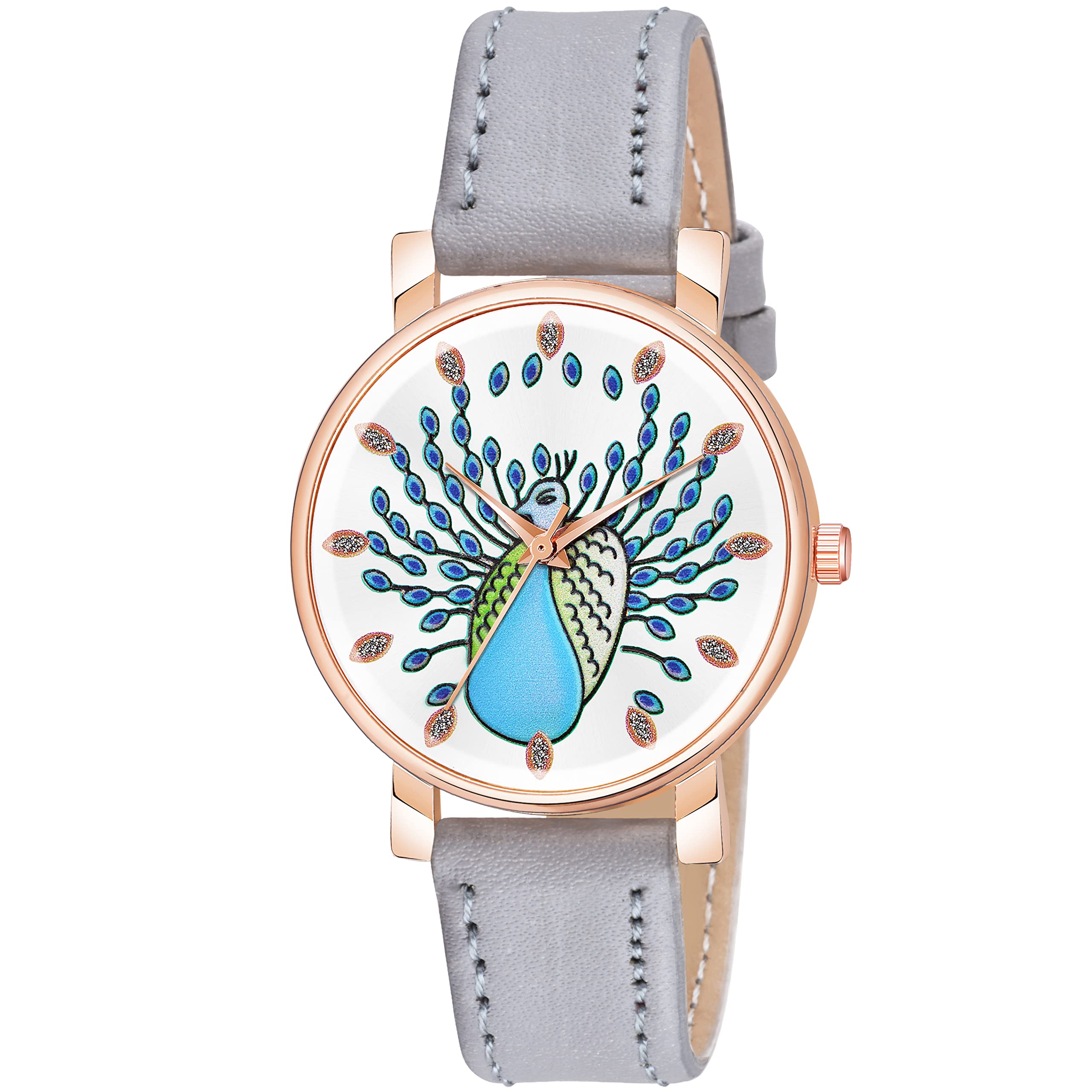 KIROH Analogue Peacock Designer Leather Strap Watch for Girls and Women (White-Grey) (B0B15D6X49) Amazon Price History, Amazon Price Tracker