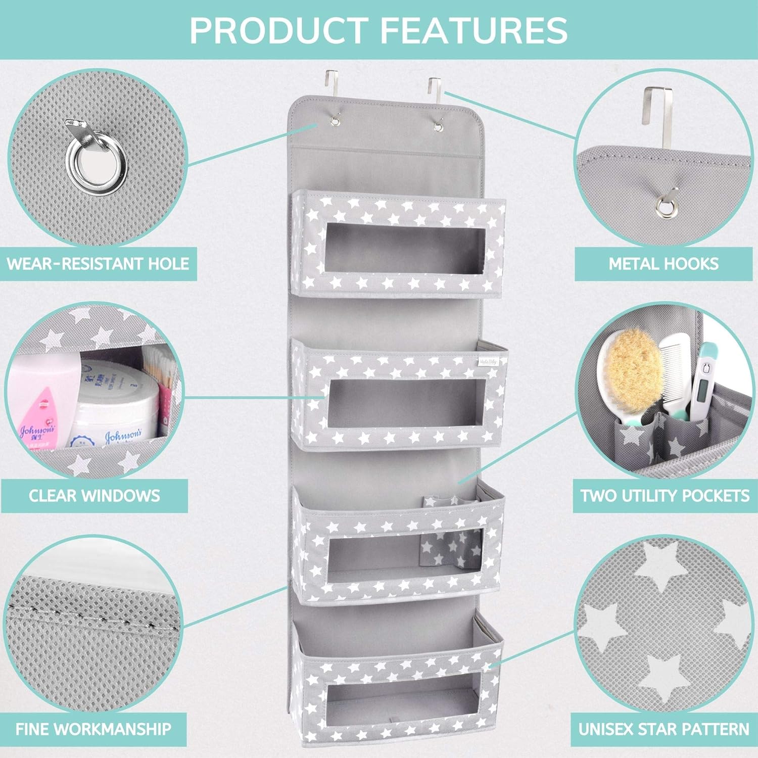 81q0YNaypOL._AC_SL1500_ Vesta Baby Over Door Hanging Organiser with Hooks - Unisex Space Saving 4 Pocket Storage for Bathroom, Children's Room, Nursery - Clear Window Caddy Hanger - 2 Small Items Utility Pockets