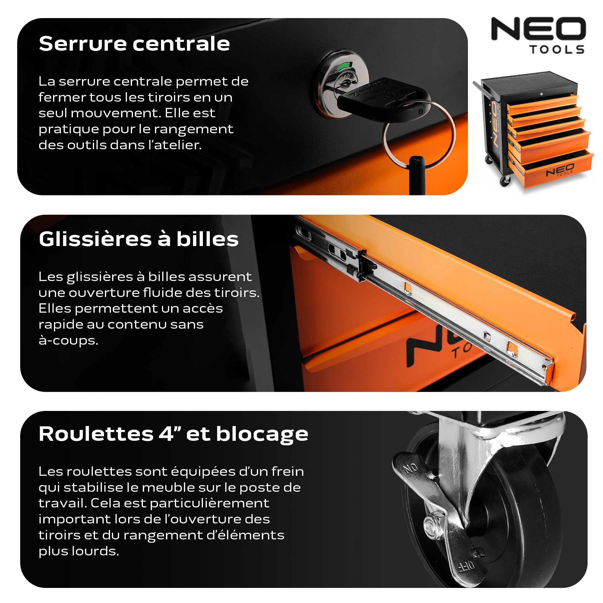 NEO TOOLS Wózek warsztatowy, 5 przegródek, szuflady z łożyskiem kulkowym, centralnie zamykany, mata antypoślizgowa, kółka obrotowe, z hamulcem postojowym, mobilny wózek narzędziowy, szafka na