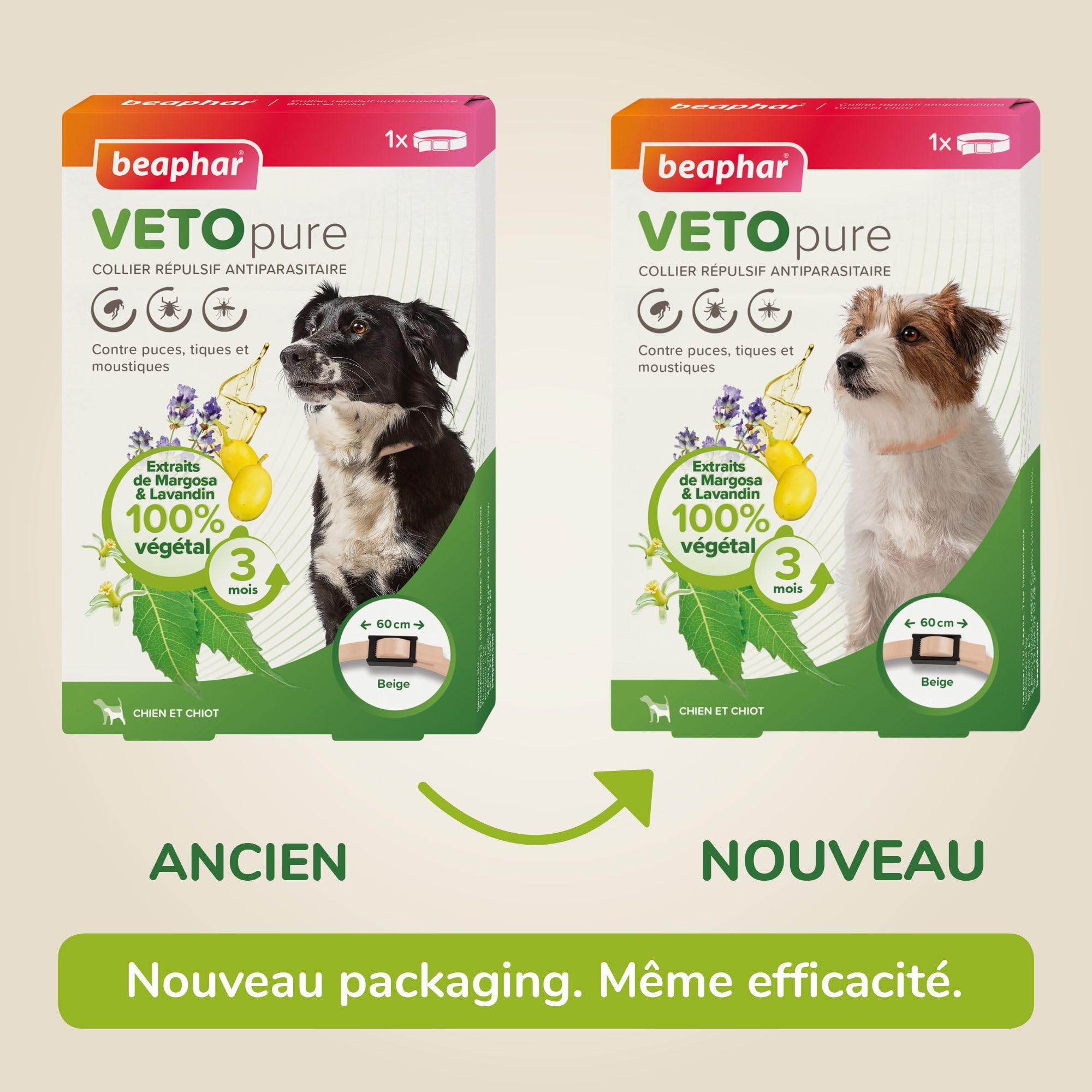 BEAPHAR – VETOPURE – Collier répulsif antiparasitaire pour Chien et Chiot – Aux extraits de Margosa & de Lavandin – Contre Les puces; tiques et moustiques – Protection 3 Mois – Collier Beige de 60cm