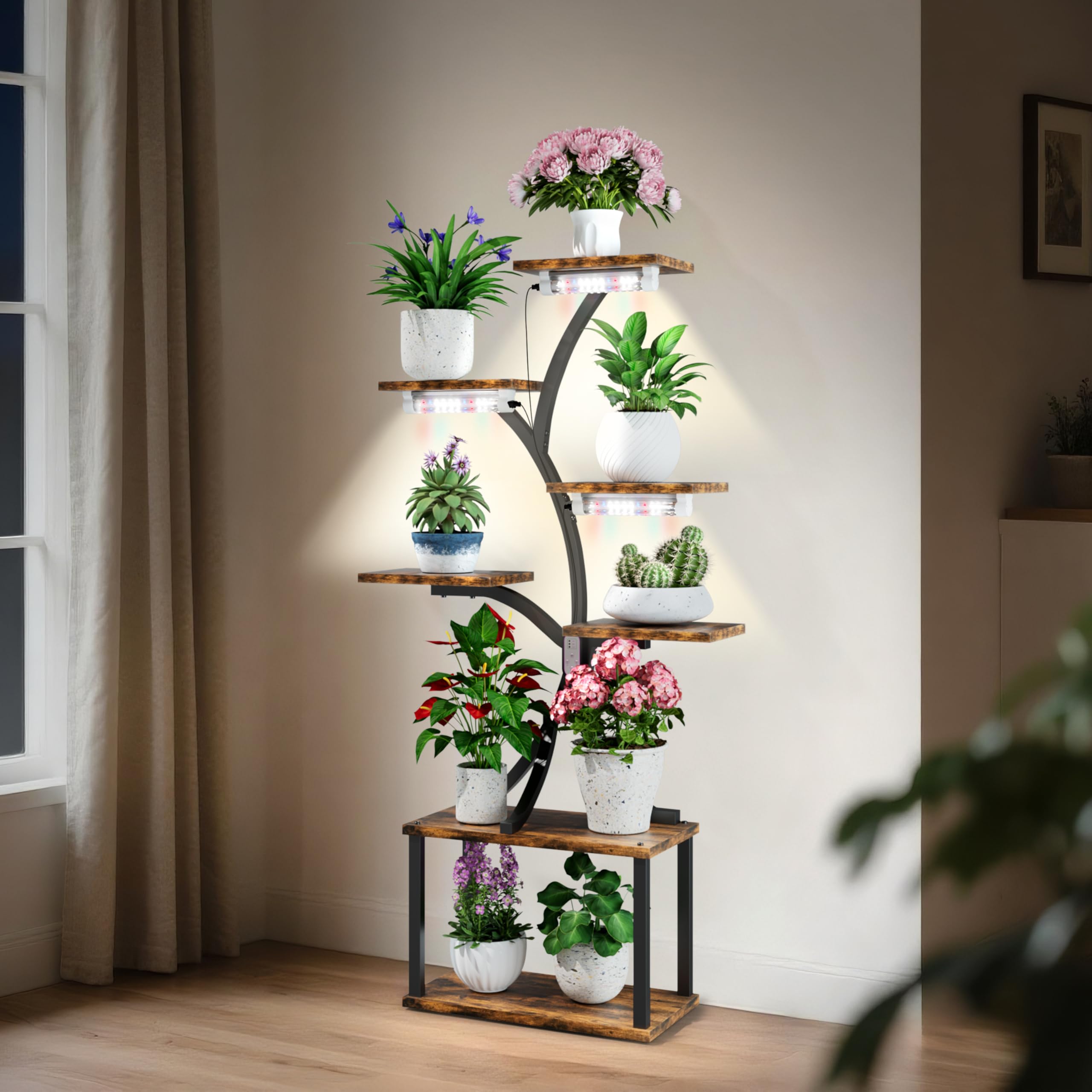 unho Domowy stojak na rośliny z lampą roślinną, 7-poziomowy 150 cm regał na kwiaty, drewno MDF i metal, stojak na kwiaty do wnętrz ze światłem rosnącym roślin, do salonu balkonu
