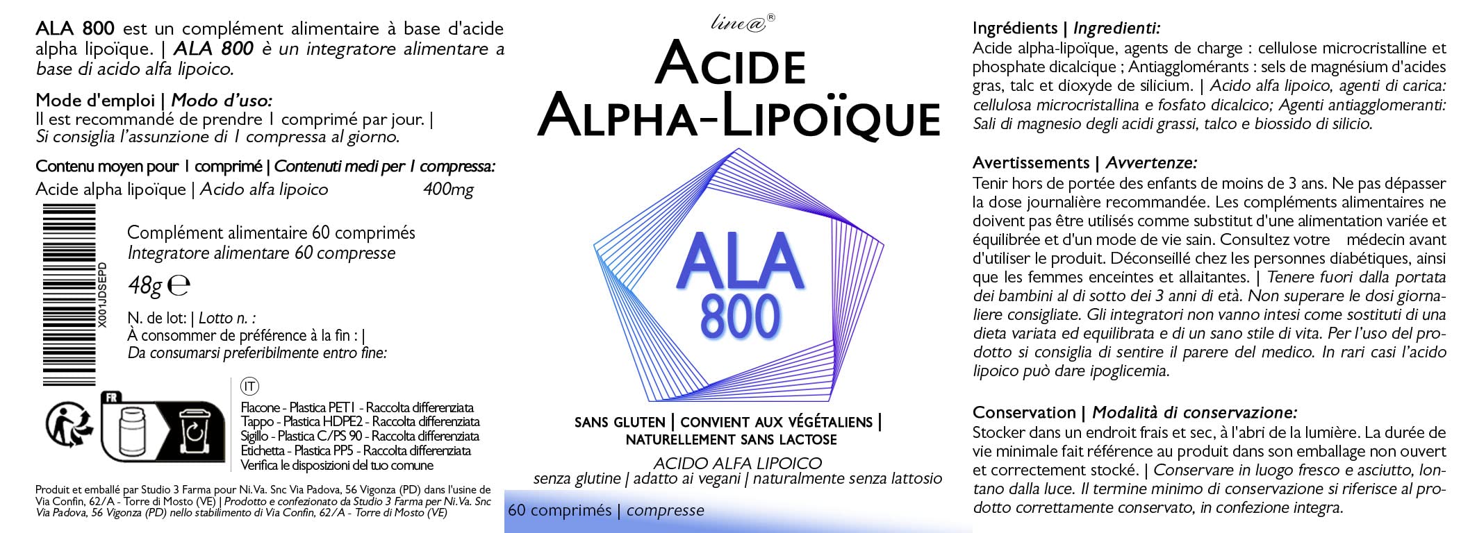 ALA 800 Line@diet | 60 compresse | ACIDO ALFA LIPOICO | compresse ad alto dosaggio | Vegan | Made in Italy