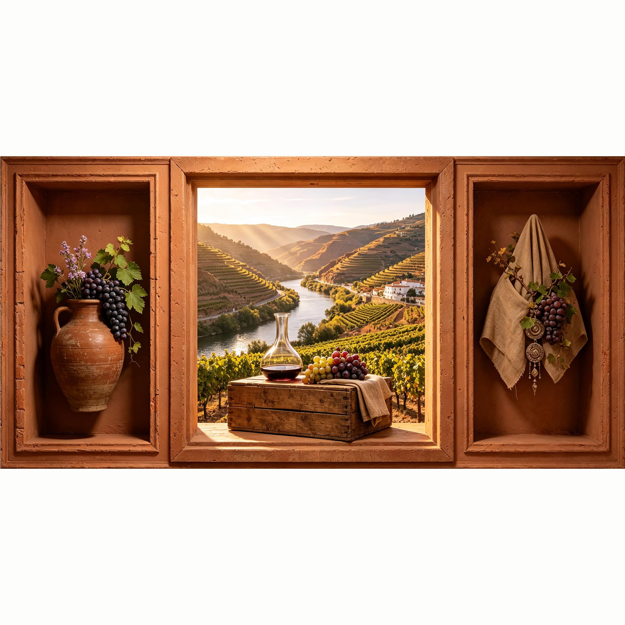 QZLITHOTIC 50x100cm 3D Framed Wall Art， Vineyard Landscape Wine Grapes SelfAdhesive Mural， Water‑Activated Peel & Stick Fabric Decor Wall Decal for Bedroom Living Room