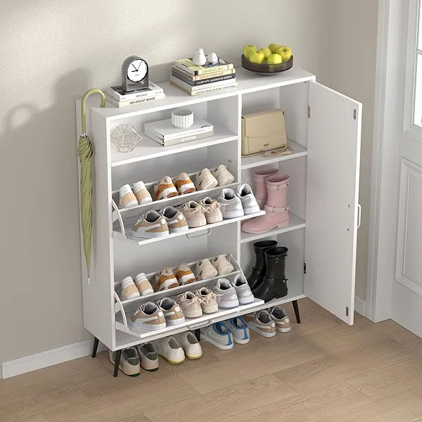 Shoe Storage Cabinet for Entryway: Shoes Cabinet with Adjustable Shelves, Shoe Storage with Drawer & Mounted Shoe Rack for Entryway, Hallway, Shoe Organizer Cabinet (White)
