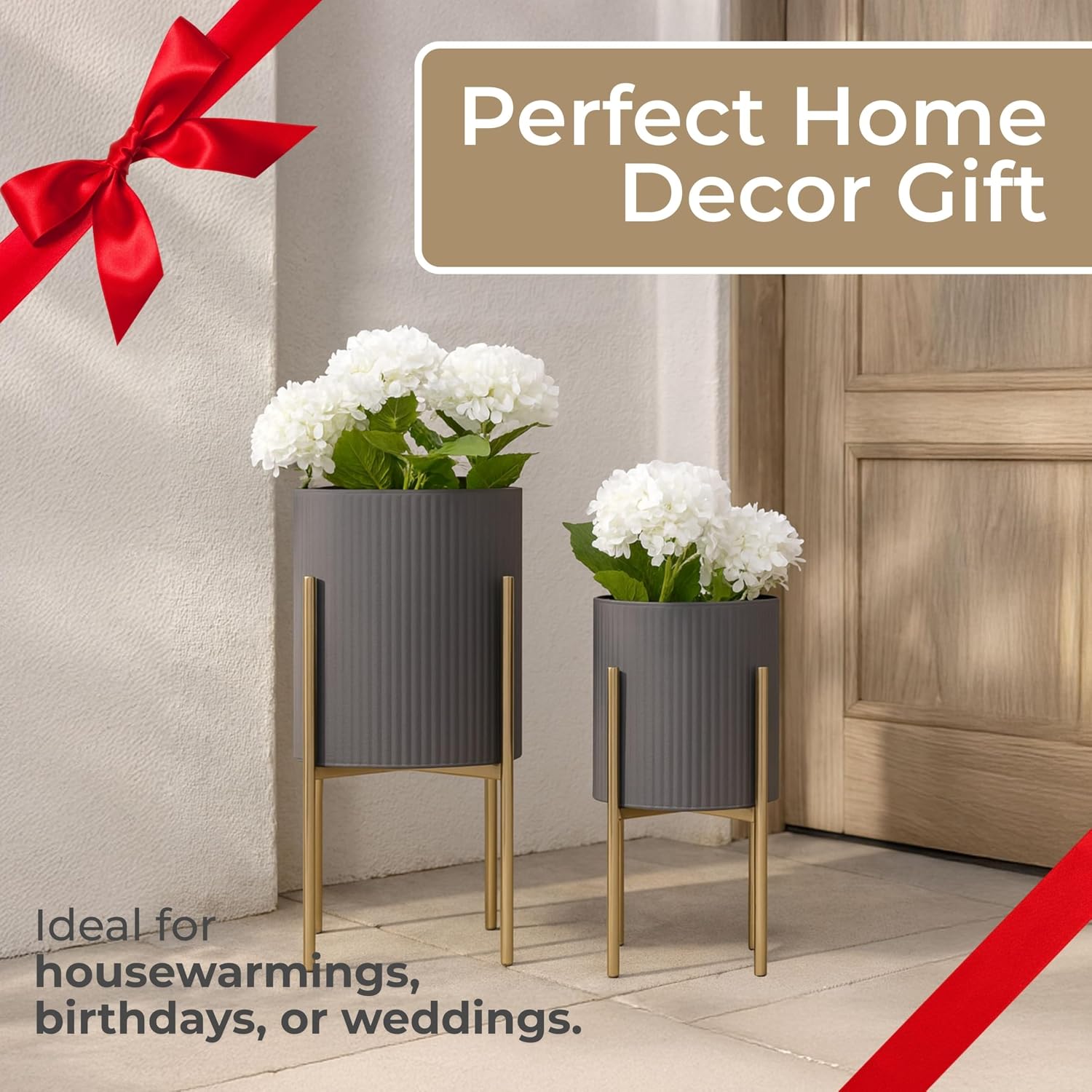 Decorative Flower Pots with Metal Stand for Home Decor - Modern Planters for Hallway, Entryway, and Living Room Decor - Indoor and Outdoor Pots for Plants - Set of 2, 23", 19", Gray & Gold