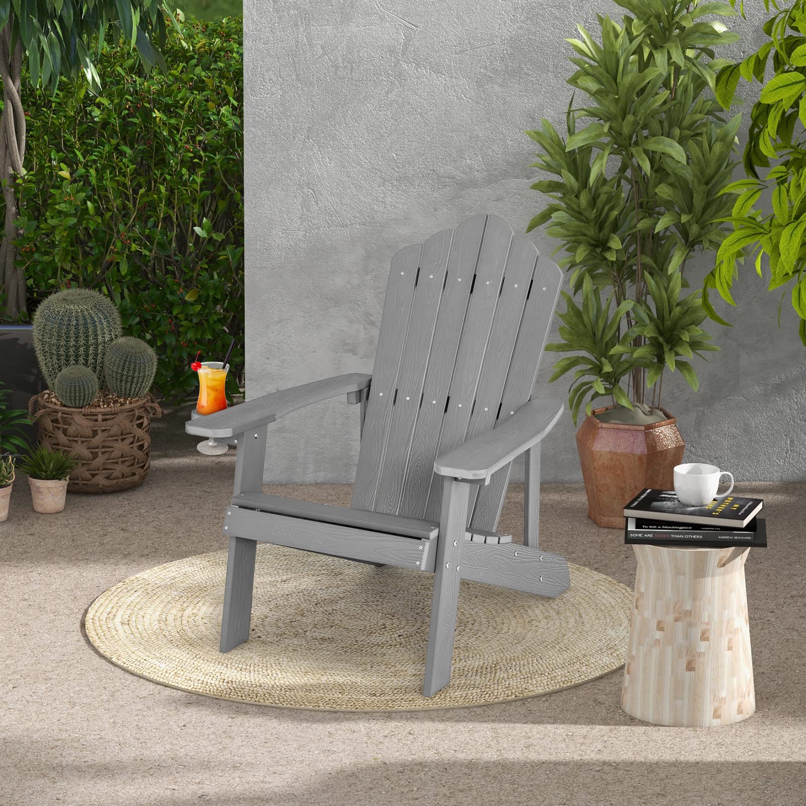 KOMFOTTEU Silla Adirondack de Hips, Sillas de Patio Resistente a Todo Tipo de Clima, Silla para Fogata con Soporte de Tazas para Jardín, Césped, Patio, 77X86X94CM (Gray)