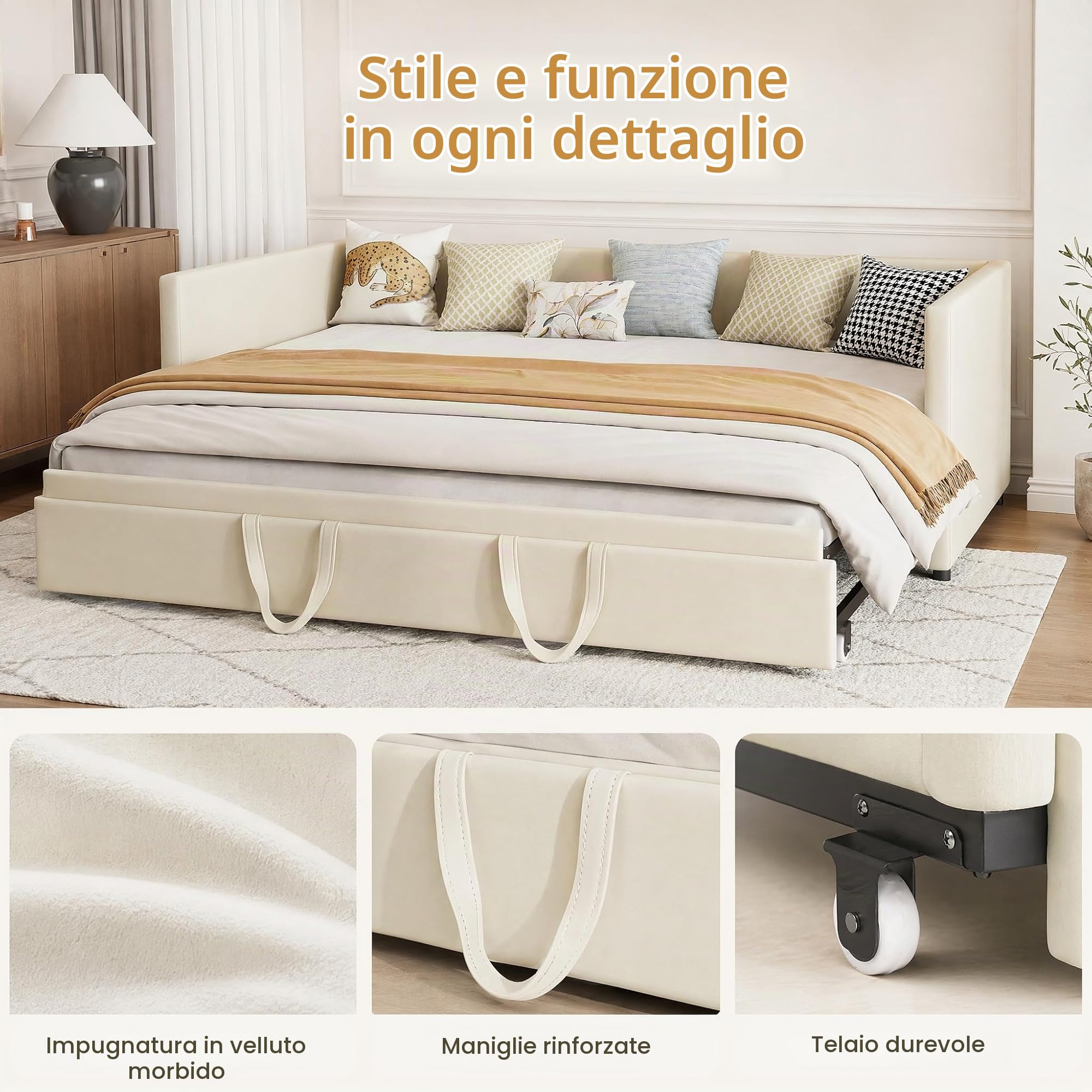 Letto Divano Matrimoniale 180 X 200 per Divano Letto Singolo con Letto Estraibile, DivanoLetto Singolo con Secondo LettoEstraibile Sofa Bed, 90 X 200 cm, Facile da montare,Beige Velluto