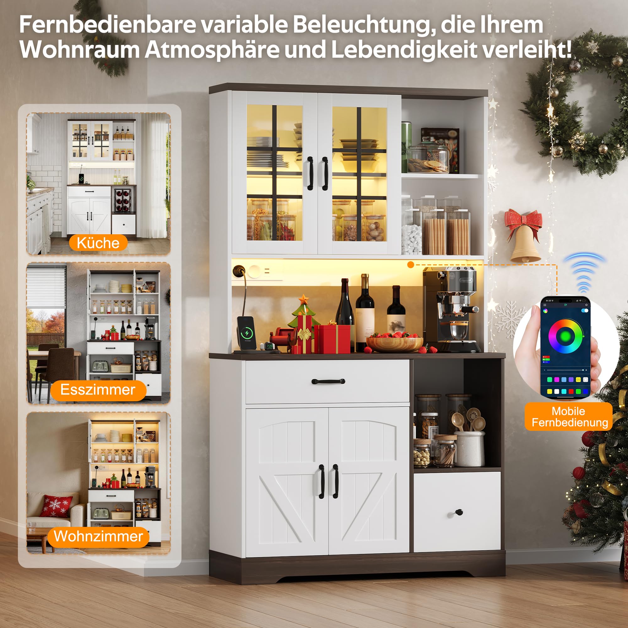 Credenza fienile nero e bianco 185 cm con LED e prese