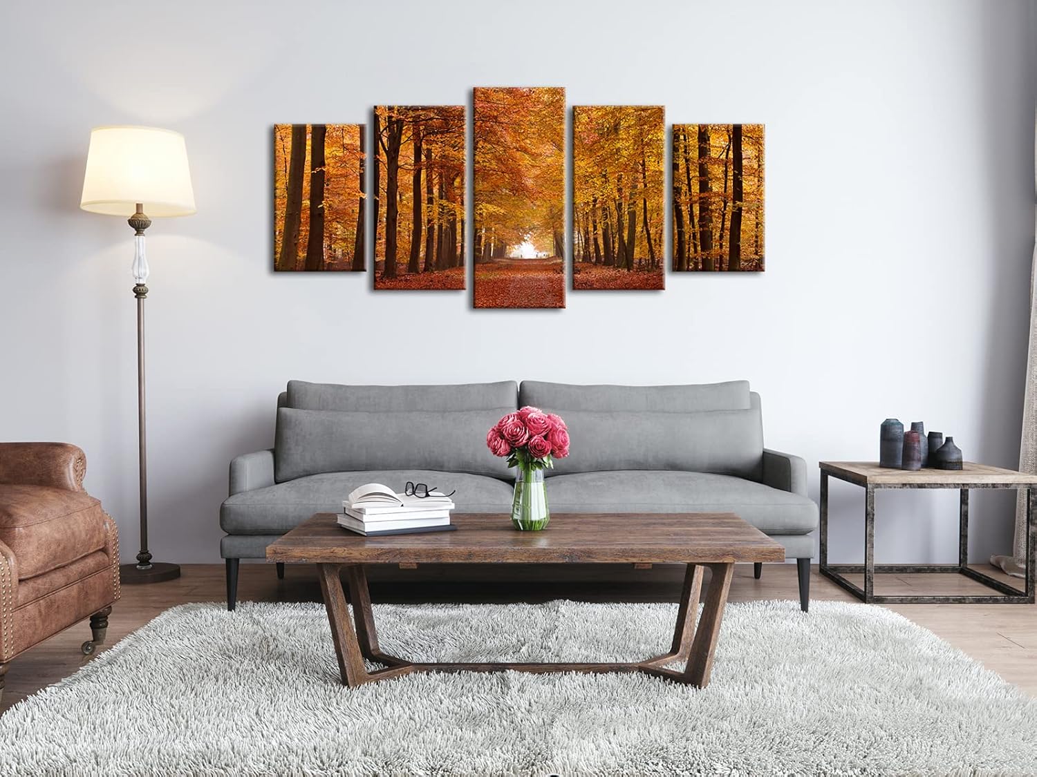 Wieco Art Autumn Forest Giclee Canvas Prints Canvas Wall Art Paintings for Living Room Bedroom Home Office Wall Decorations Modern 5 Piece Stretched and Framed Landscape Trees Pictures Artwork