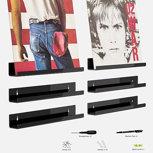 Miniatura 7 de Hexsonhoma Soporte de pared para discos de vinilo negro de 12 pulgadas, estante de acrílico para pared, soporte para exhibición de discos de vinilo,