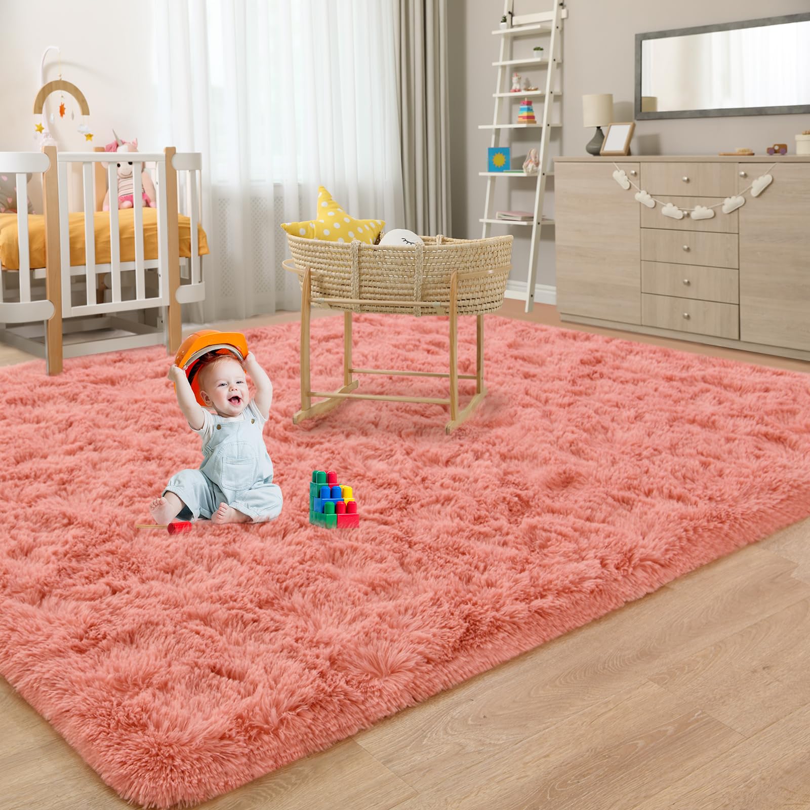 Extra Large Shag Rug, 6’x9’ Pink Shaggy Area Rugs for Bedroom Living Room Girls, Furry Fluffy Carpet for Playroom Nursery Dorm Girls’ Room, Cute Room Decor for Teens