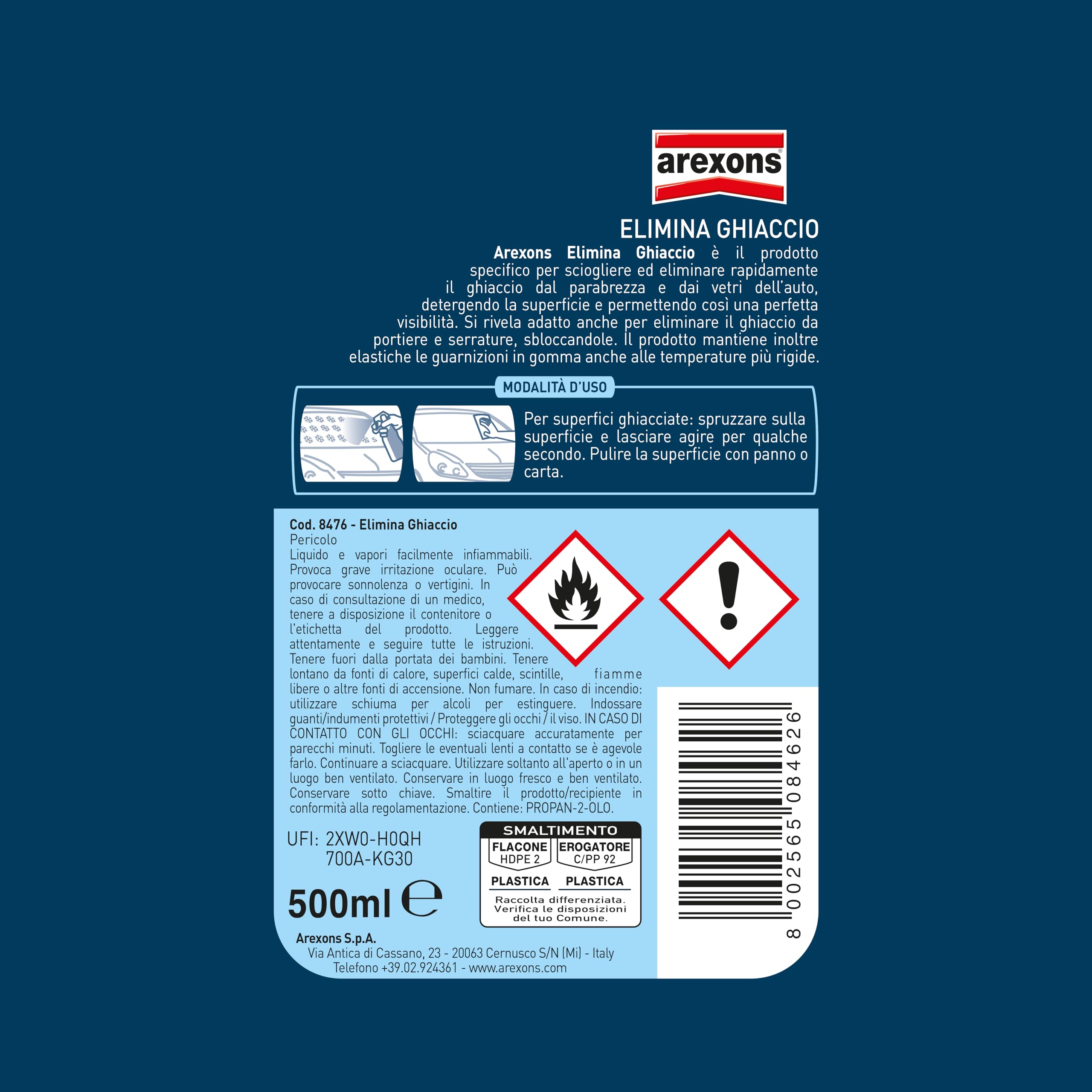AREXONS Cura Auto Elimina Ghiaccio Spray 500 ml Adatto a Parabrezza e Vetri