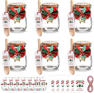 Vesici 6 Pack Hot Cocoa Gift Set Glass with Mason Jars Cork Lids Screw Cap with Silver Wooden Spoons stickers cards for Food Storage Hot Cocoa DIY Christmas Winter Gifts Wedding(3.4 oz,Cork Lids)
