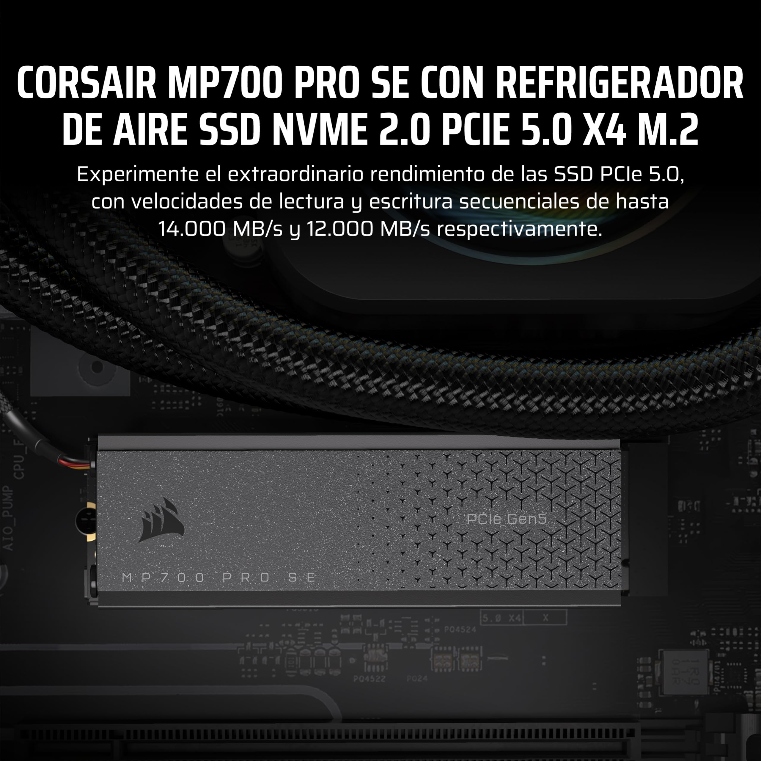 Corsair MP700 Pro SE con Refrigerador de Aire 4 TB PCIe 5.0 x4 NVMe 2.0 M.2 SSD – M.2 2280 – hasta 14.000 MB/s de Lectura Secuencial – 3D TLC NAND de Alta Densidad – Negro