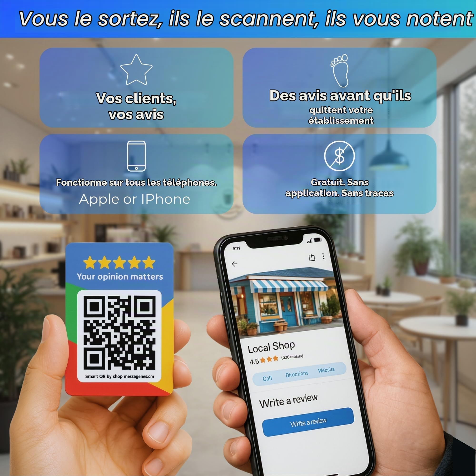 Cartes pour Google Review – Lot de 2 QR et NFC tactiles réutilisables pour iPhone et Android – Boostez vos avis – Configuration facile à domicile | par MESSAGENES