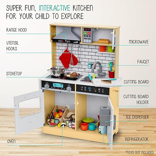 Miniatura 6 de Lil' Jumbl Juego de cocina pequeña natural para niños, cocina de madera de simulación, incluye campana extractora, microondas, estufa, horno que