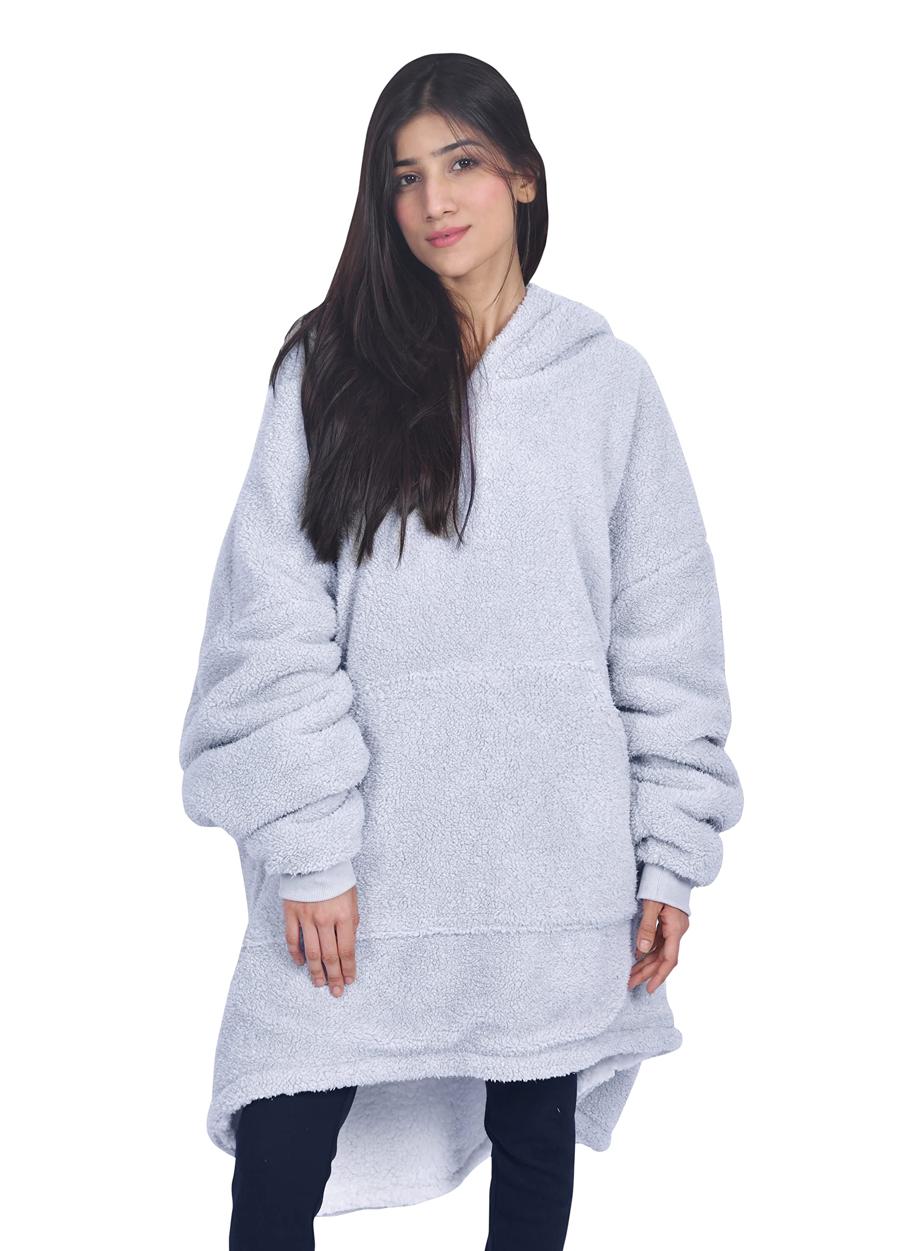 Sleepdown Women's Light Grey Glitter Fleece Double Layer Blanket Hoodie Warm Soft Cosy Loungewear - One Size
