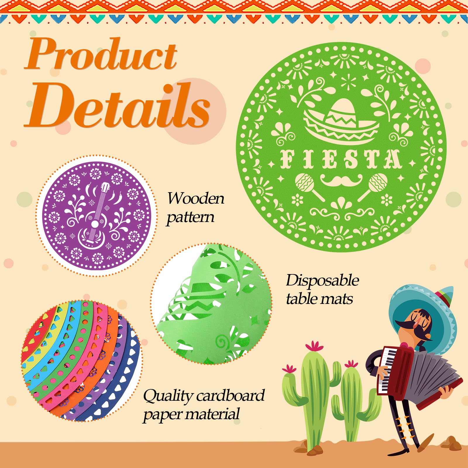 Havawish 104 manteles individuales de papel de fiesta de 13 pulgadas, papel picado mexicano, desechables, burro, tacos, cactus, piñata, mantel redondo para fiesta mexicana, suministros de decoración