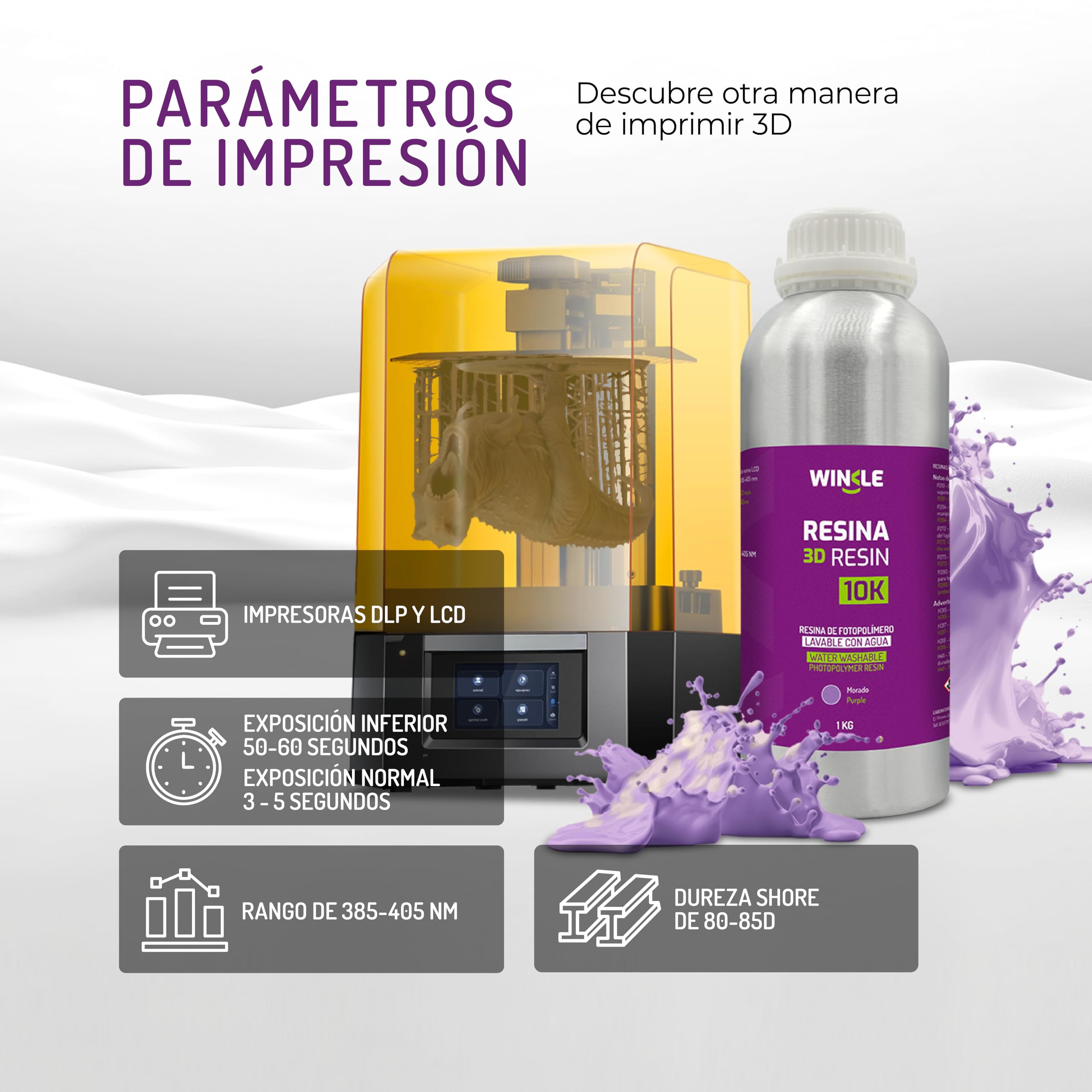 WINKLE Resina 3D 10K Blanco 1kg, Impresora 3D Resina Lavable al Agua | Impresoras DLP y LCD, Resistente a los Impactos, Alta Precisión y Bajo Olor, Acabado Detallado